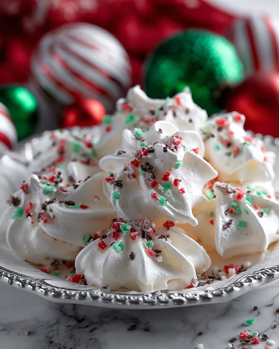 A close-up of several white meringue cookies arranged on a white plate with a detailed silver border, each having soft, swirled peaks and a light, airy texture. The meringues are topped with red, green, and white crushed candy pieces who add a bright, festive touch with small chunks scattered unevenly across the surface. In the blurred background, festive red, green, and white Christmas decorations such as ornaments and candy canes enhance the holiday theme. The whole scene is set on a white marbled surface. Photo taken with an iphone --ar 4:5 --v 7