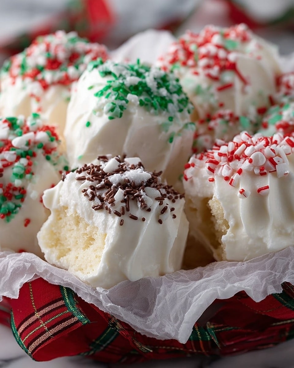 The image shows a close-up of small white cakes, each covered with a smooth, thick layer of white frosting. The cakes have one or two layers inside, revealing a soft yellowish sponge texture. On top, each cake is decorated with colorful sprinkles in red, green, and dark brown, with some crushed peppermint candies adding texture. The cakes sit in a white basket wrapped with a red and green ribbon, all placed on a white marbled surface. photo taken with an iphone --ar 4:5 --v 7