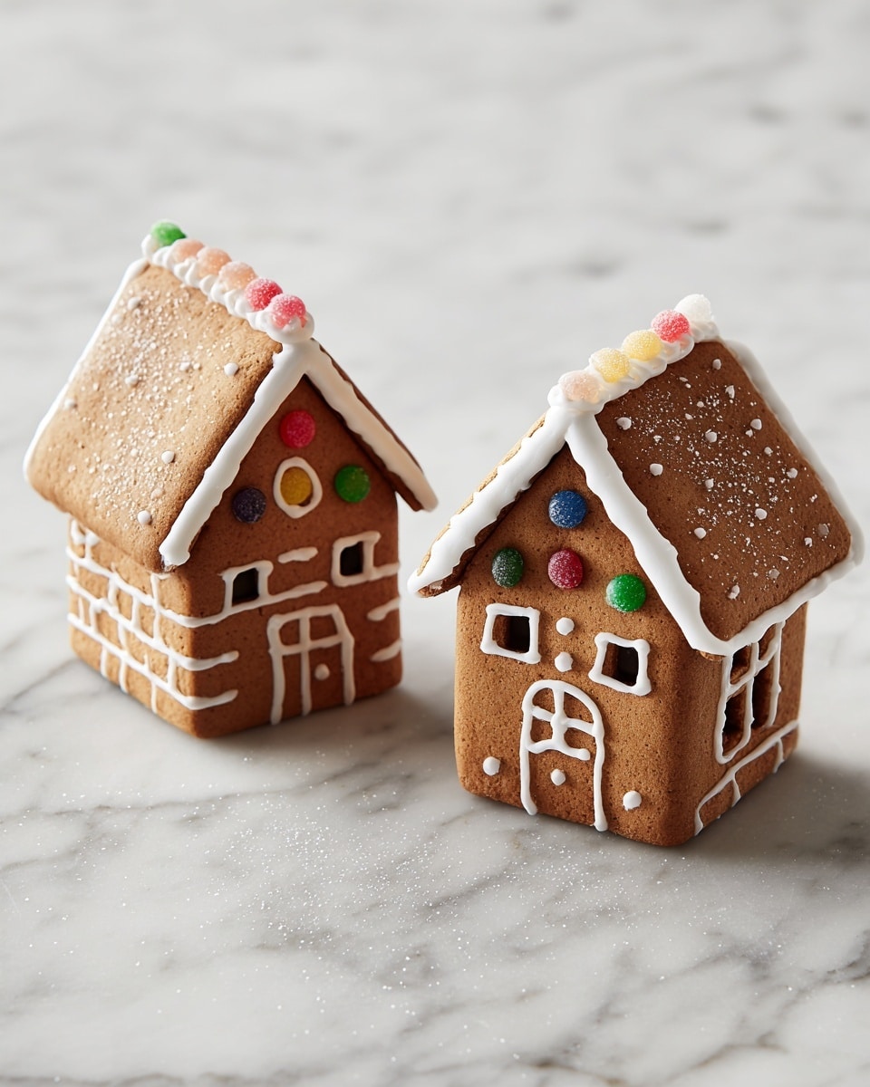 Two small gingerbread houses sit on a white marbled surface. Each house has four walls made of brown gingerbread with square and round window cutouts revealing colorful candy inside. The roofs are steep and made of matching brown gingerbread, connected with white icing along the edges. The house on the left shows side wall details with a brick pattern, while the one on the right has smooth walls. Both are simple and neat, with a cozy, edible look. Photo taken with an iphone --ar 4:5 --v 7