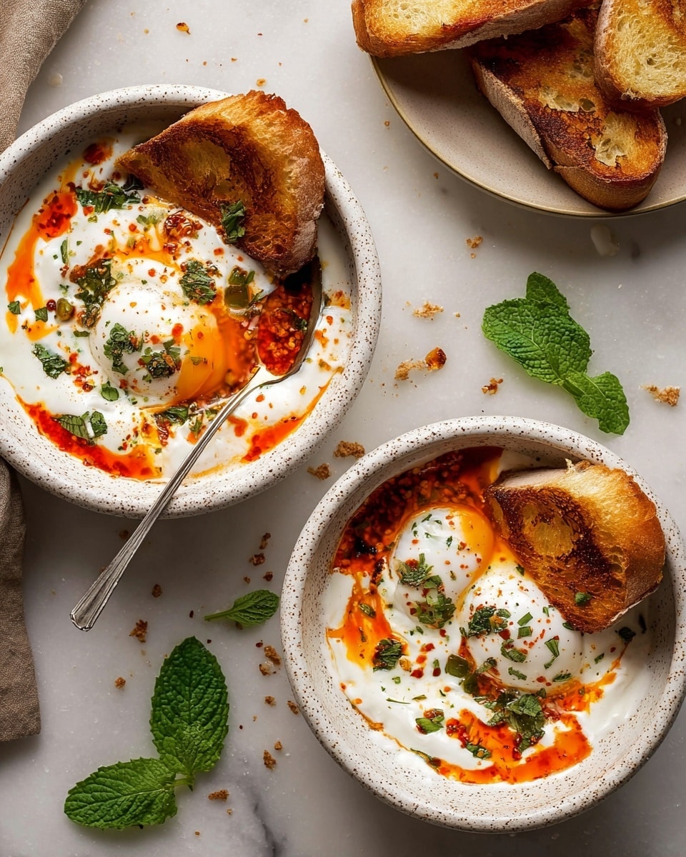 Two white speckled bowls each have a base layer of thick white yogurt sauce topped with two white poached eggs. A bright orange-red oil and spice drizzle runs over the eggs and sauce, with small green herb pieces sprinkled on top. Each bowl has three pieces of toasted bread with a golden brown, crunchy texture placed on one side. A silver spoon rests in one bowl, and fresh green mint leaves are scattered on the white marbled surface around the bowls, along with some crumbs. photo taken with an iphone --ar 4:5 --v 7