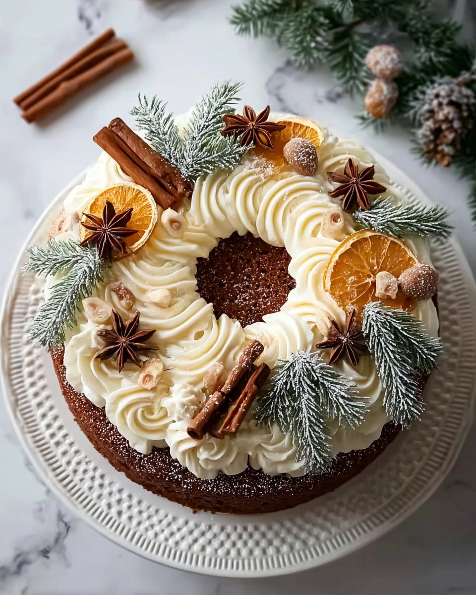 The image shows a round cake with one visible layer of dark brown sponge on a white plate with a raised pattern on the rim. On top of the cake, there is a thick ring of white whipped cream piped in swirls covering the whole surface except the center hole. The cake is decorated with cinnamon sticks, star anise, frosted pine branches, small powdered sugar-coated nuts, and thin dried orange slices placed evenly around the whipped cream. The plate is on a white marbled surface, and the entire setup has a festive, wintery look. photo taken with an iphone --ar 4:5 --v 7