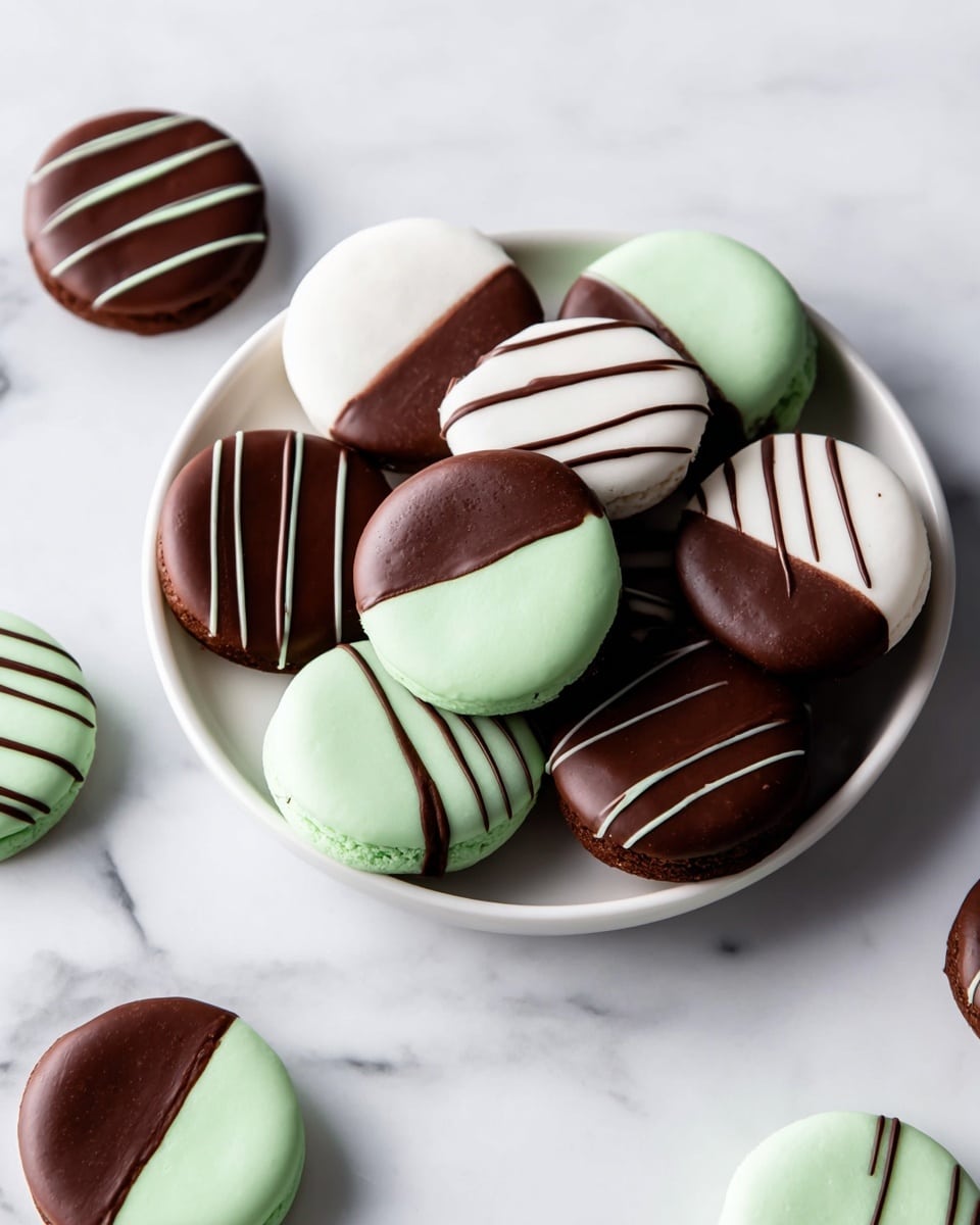 A white plate holds round sandwich cookies with three main styles: one style has a smooth half mint-green and half dark chocolate coating, another style is half white and half dark chocolate, and the third style is fully mint-green with thin dark chocolate stripes on top. The cookies are glossy and smooth on the coated surfaces. The plate sits on a white marbled surface with a few cookies scattered around it, showing the same colors and patterns, with shiny dark chocolate stripes or solid half coatings. photo taken with an iphone --ar 4:5 --v 7