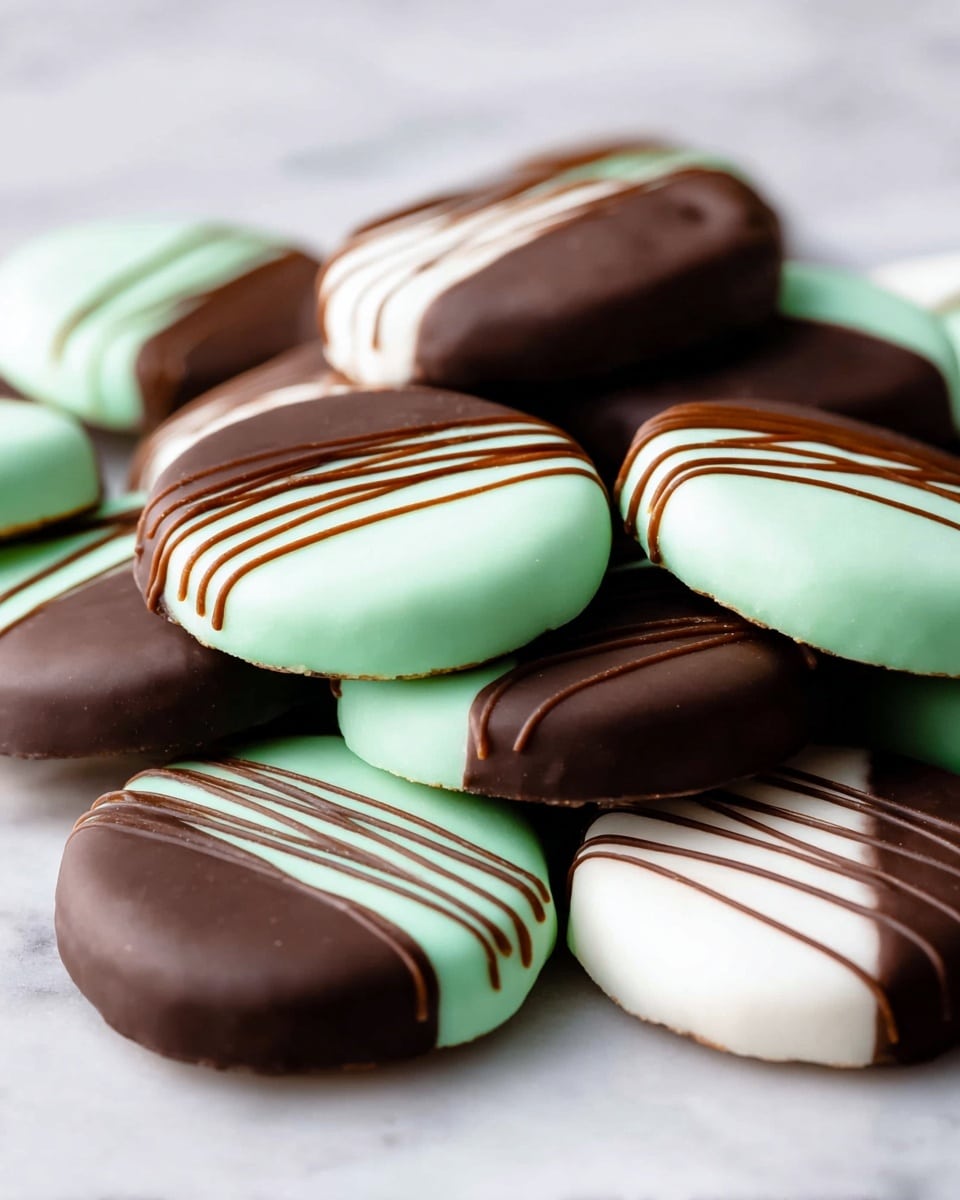 The image shows a pile of round cookies covered in smooth icing, each cookie featuring two main layers of colors. The base layer is either mint green or white, with the top half dipped in dark brown chocolate or decorated with thin dark chocolate stripes running horizontally. The texture looks smooth and glossy on the chocolate parts, and matte on the icing. The cookies are closely stacked on a surface with a soft white marbled texture. photo taken with an iphone --ar 4:5 --v 7