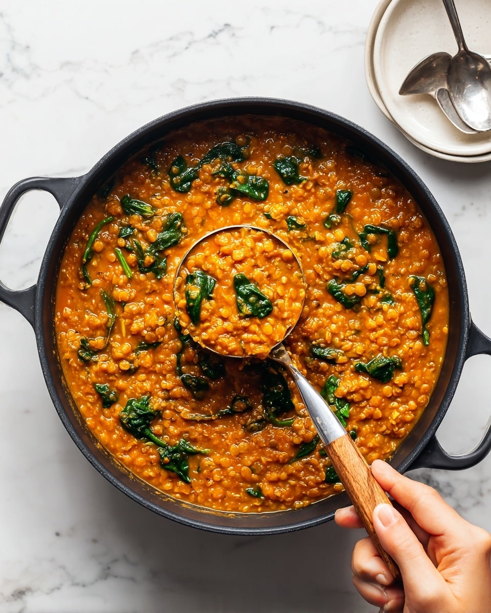 Two white bowls filled with thick, orange lentil soup with visible red lentils, small soft orange chunks of sweet potato, and bright green spinach pieces mixed throughout. The soup is sprinkled with black pepper for texture and color contrast. The bowls are placed on a white marbled surface, with one bowl closer to the bottom center and the other near the top left. On the top right, there are torn pieces of light brown bread with soft, airy texture visible inside. At the bottom right, a silver spoon and fork rest on the surface beside the bottom bowl. A glass of water is partially visible on the right edge. A small white dish of black pepper is at the bottom left corner. photo taken with an iphone --ar 4:5 --v 7