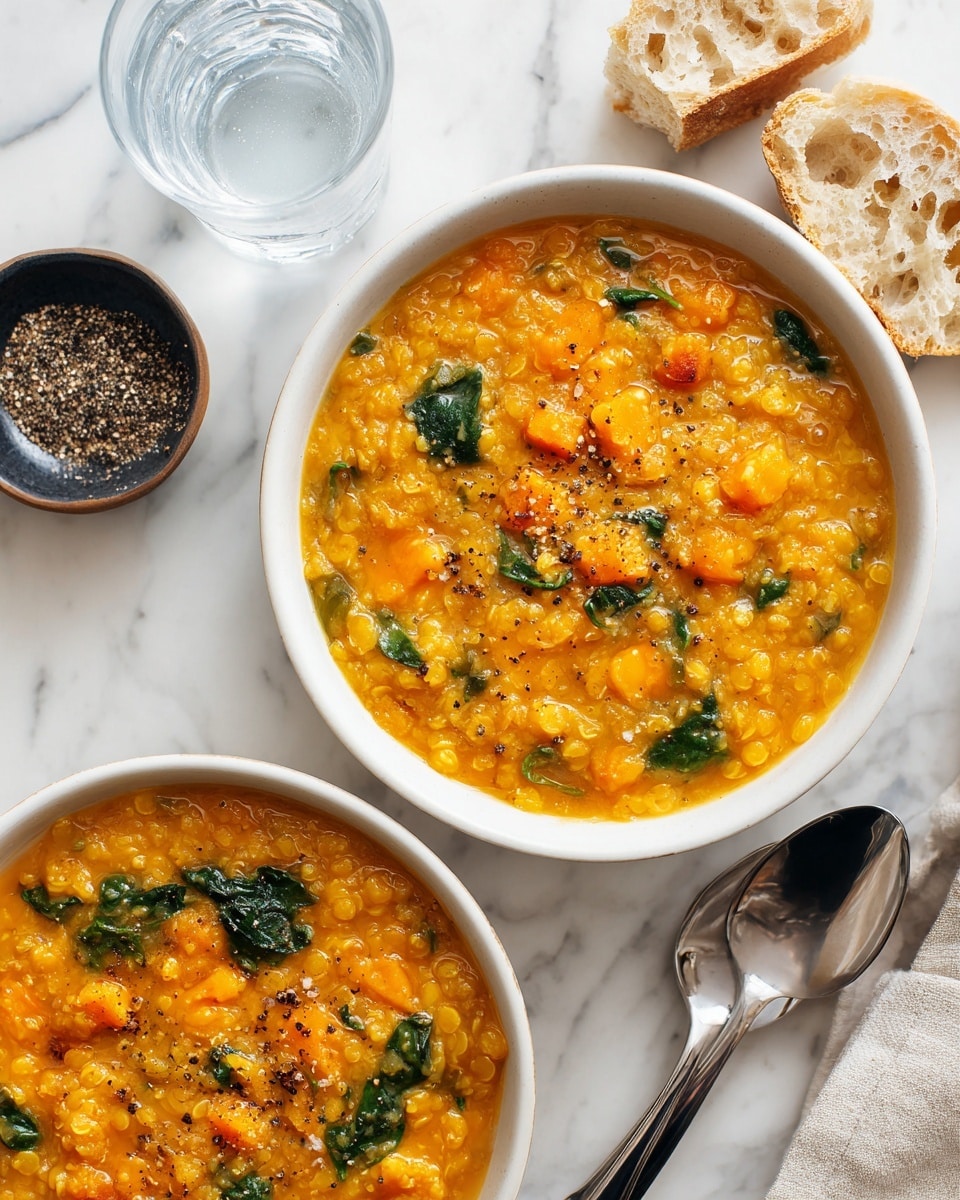 A close-up image of a black pot filled with thick, orange lentil stew that has a rich, slightly chunky texture, mixed with bright green spinach leaves scattered throughout. A woman's hand is holding a silver ladle with a wooden handle above the pot, showing a scoop of the stew that highlights the orange base with visible lentils and soft green spinach pieces. The scene is set on a white marbled surface with a clean white saucer and a spoon in the top right corner. photo taken with an iphone --ar 4:5 --v 7