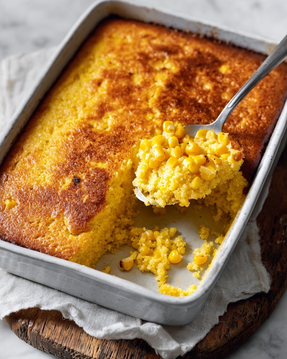 The image shows a close-up of a baked dish with a golden-brown crust that looks crispy and slightly rough on top. Inside, there is a soft, grainy yellow layer with visible whole corn kernels scattered within. The dish is in a white rectangular baking dish with one corner scooped out by a spoon, revealing the moist, crumbly texture underneath the crust. The background is a white marbled surface. Photo taken with an iphone --ar 4:5 --v 7