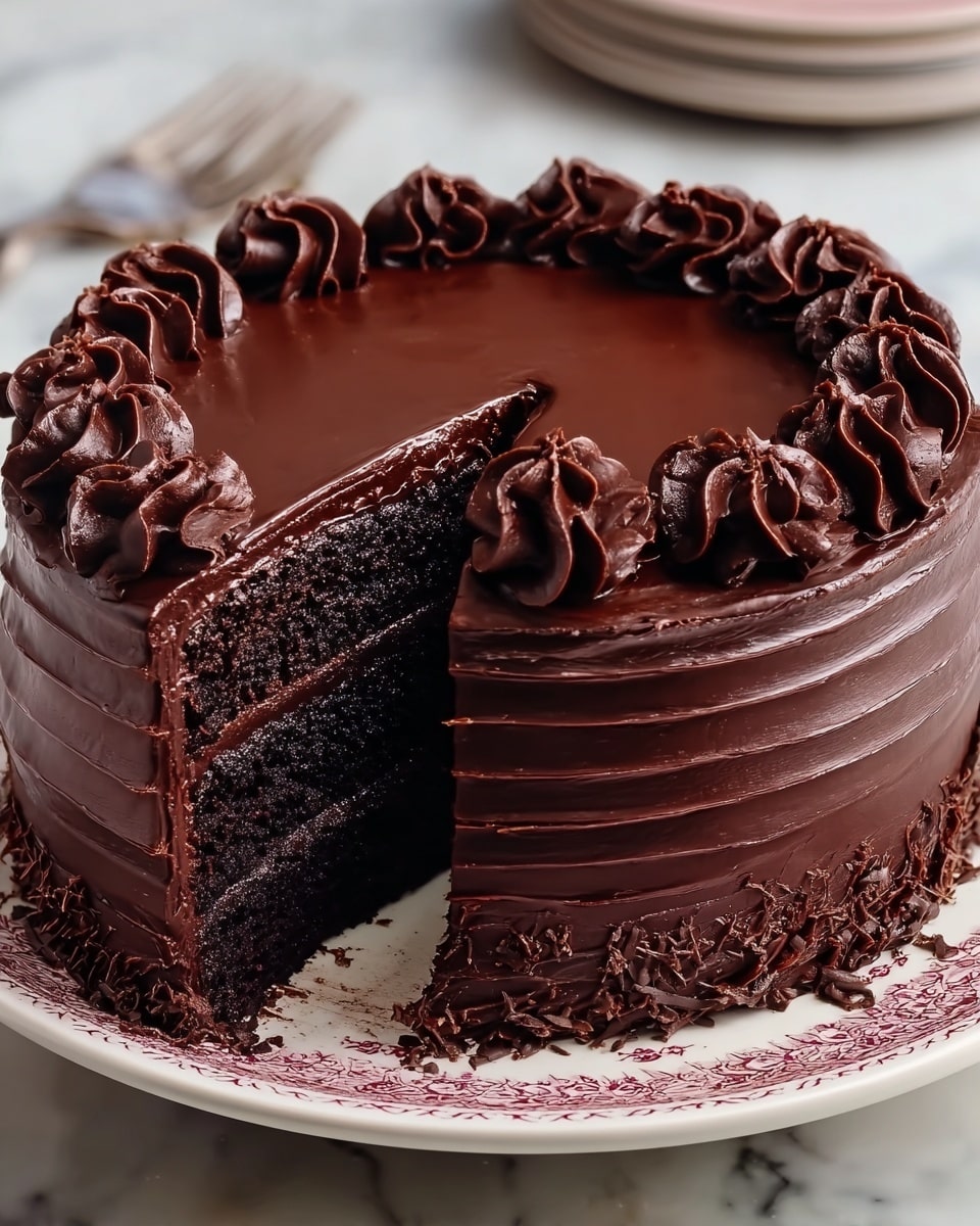 A three-layer dark chocolate cake with smooth, glossy chocolate frosting covering the entire cake. Each layer is thick and moist, separated by a thin spread of lighter chocolate frosting. The sides of the cake are decorated with horizontal textured stripes of frosting. On top, a ring of swirled dark frosting dollops surrounds the edge. The cake sits on a white plate with a delicate brown pattern on the rim, crumbs scattered near the front cut wedge. The background is a white marbled surface. photo taken with an iphone --ar 4:5 --v 7