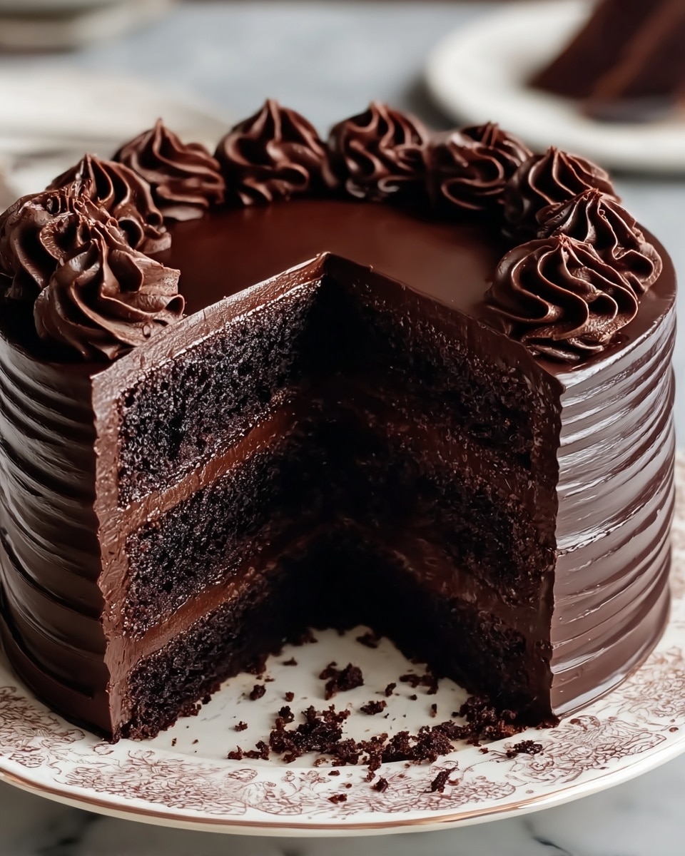 A rich, dark chocolate cake with three thick layers of moist chocolate sponge, each separated by smooth, medium-dark chocolate frosting. The sides are coated evenly with the same frosting, decorated with horizontal swipes that add texture, and the top is covered with a glossy, dark chocolate ganache. Around the top edge, there are evenly spaced swirls of chocolate frosting, matching the border of the base. The cake is served on a white plate with a delicate maroon pattern around the edge, placed on a white marbled surface. Photo taken with an iphone --ar 4:5 --v 7