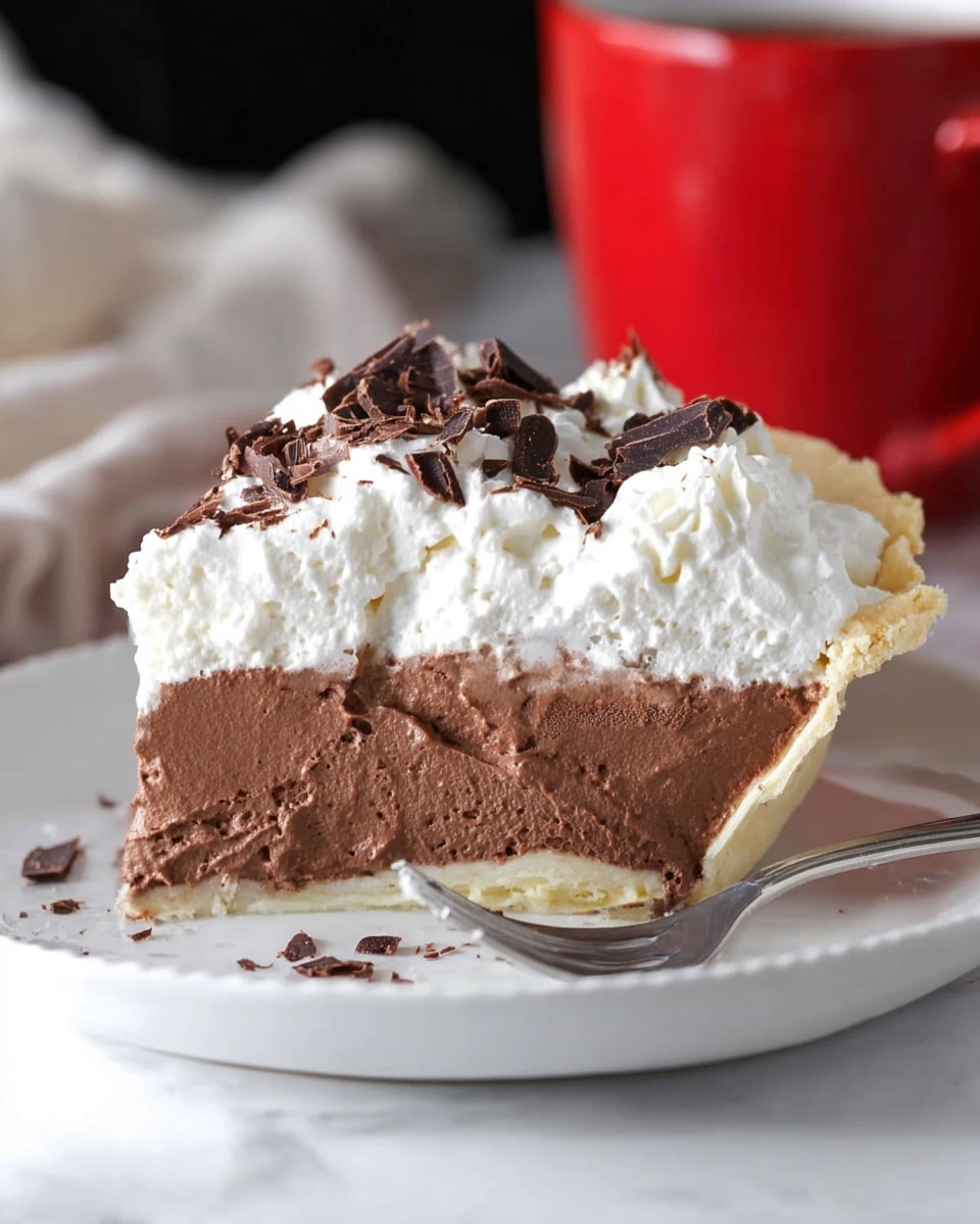 A slice of pie with three distinct layers sits on a white plate. The bottom layer is a pale, flaky crust that supports the thick middle layer of rich, smooth chocolate mousse, dark brown in color with a slightly textured surface. On top, there is a thick, fluffy layer of white whipped cream, crowned with dark chocolate curls that add a decorative touch. Small chocolate shavings are scattered on the plate near the slice. A silver fork rests beside the pie slice, and a blurred red mug is visible in the background against a white marbled surface. photo taken with an iphone --ar 4:5 --v 7