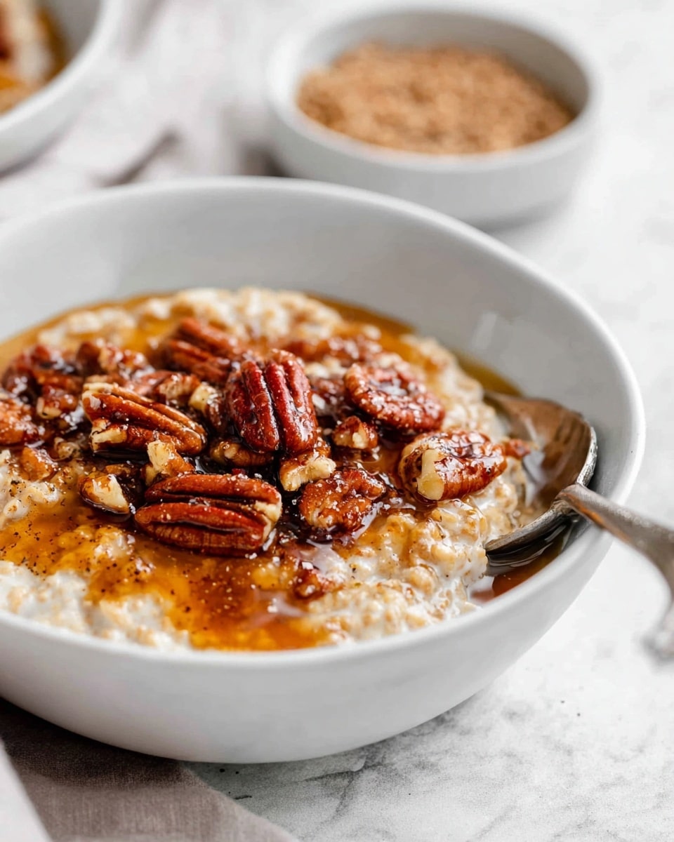The image shows three white bowls filled with creamy oatmeal that has a soft beige color and thick texture. Each bowl is topped with a mix of chopped nuts including pecans and walnuts, adding a crunchy texture in brown and golden shades. The middle bowl has a layer of golden syrup poured on top, creating a shiny and sticky appearance around the nuts. A silver spoon rests inside the middle bowl, partially submerged in the oatmeal. Around the bowls are small white dishes containing brown sugar and whole pecans, and a white pitcher of milk. The setup is on a white marbled surface with a white cloth featuring thin black stripes in the bottom right corner. photo taken with an iphone --ar 4:5 --v 7