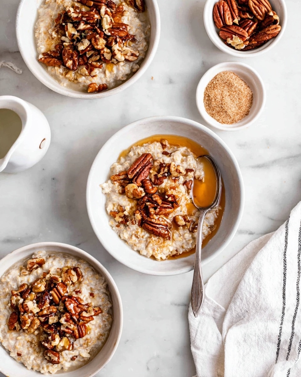 A close-up image of a white bowl filled with creamy oatmeal, topped with a layer of golden brown syrup that glistens on the surface. Scattered on the syrup are whole and chopped pecans in rich reddish-brown and tan shades, adding texture. A silver spoon rests inside the bowl, slightly dipping into the oatmeal at the right side. In the blurred background, another smaller white bowl contains a grainy brown topping. The whole scene is set against a white marbled textured surface. photo taken with an iphone --ar 4:5 --v 7
