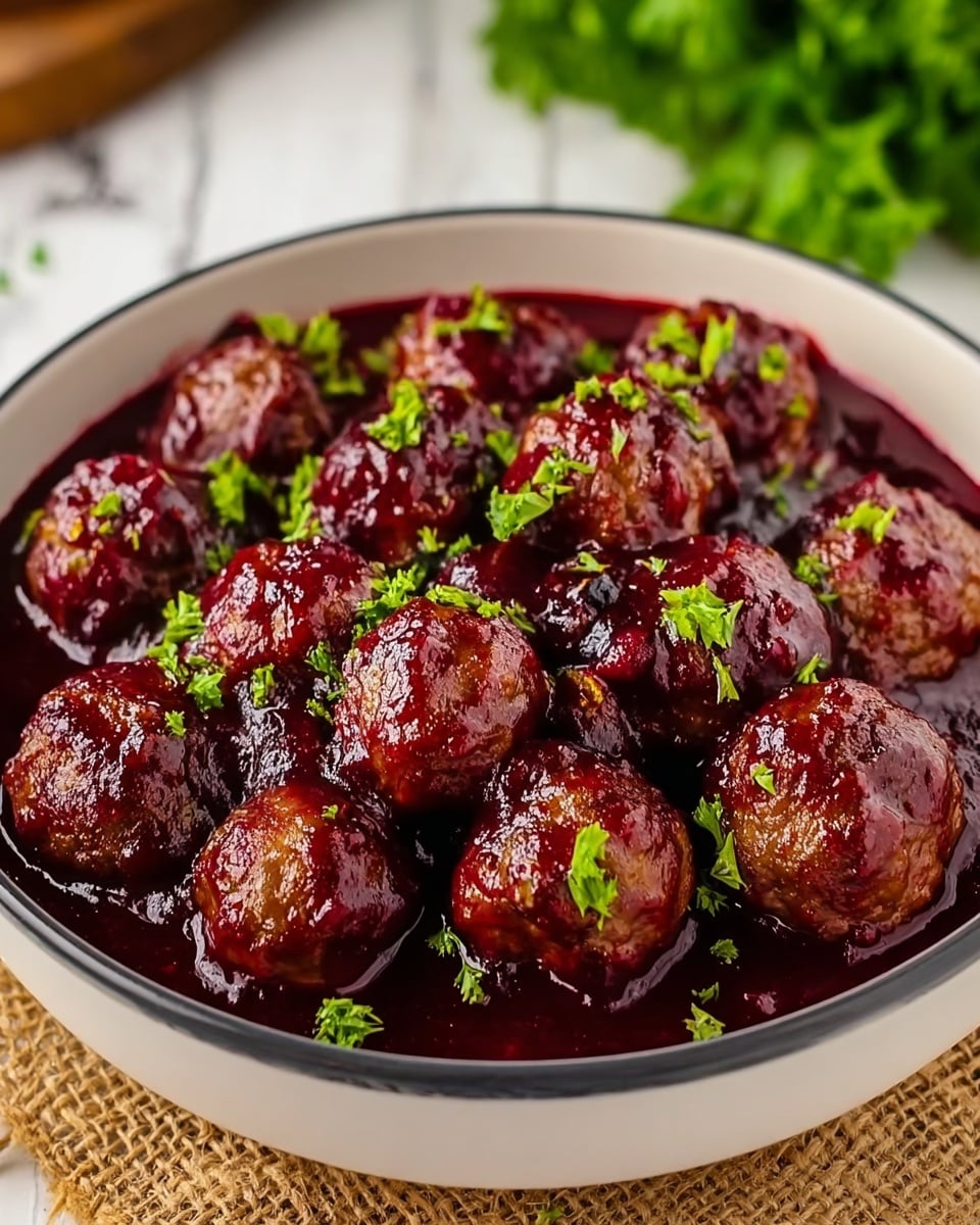 A bowl filled with round meatballs covered in a thick, deep red sauce that looks like cranberry or berry glaze, garnished with small pieces of bright green parsley scattered on top. The meatballs have a browned, slightly crispy outer layer and sit in the rich sauce which pools at the bottom of the white bowl with a dark rim. The bowl rests on a piece of burlap fabric, set on a white marbled surface, with a blurred background of green leaves and wooden textures. photo taken with an iphone --ar 4:5 --v 7