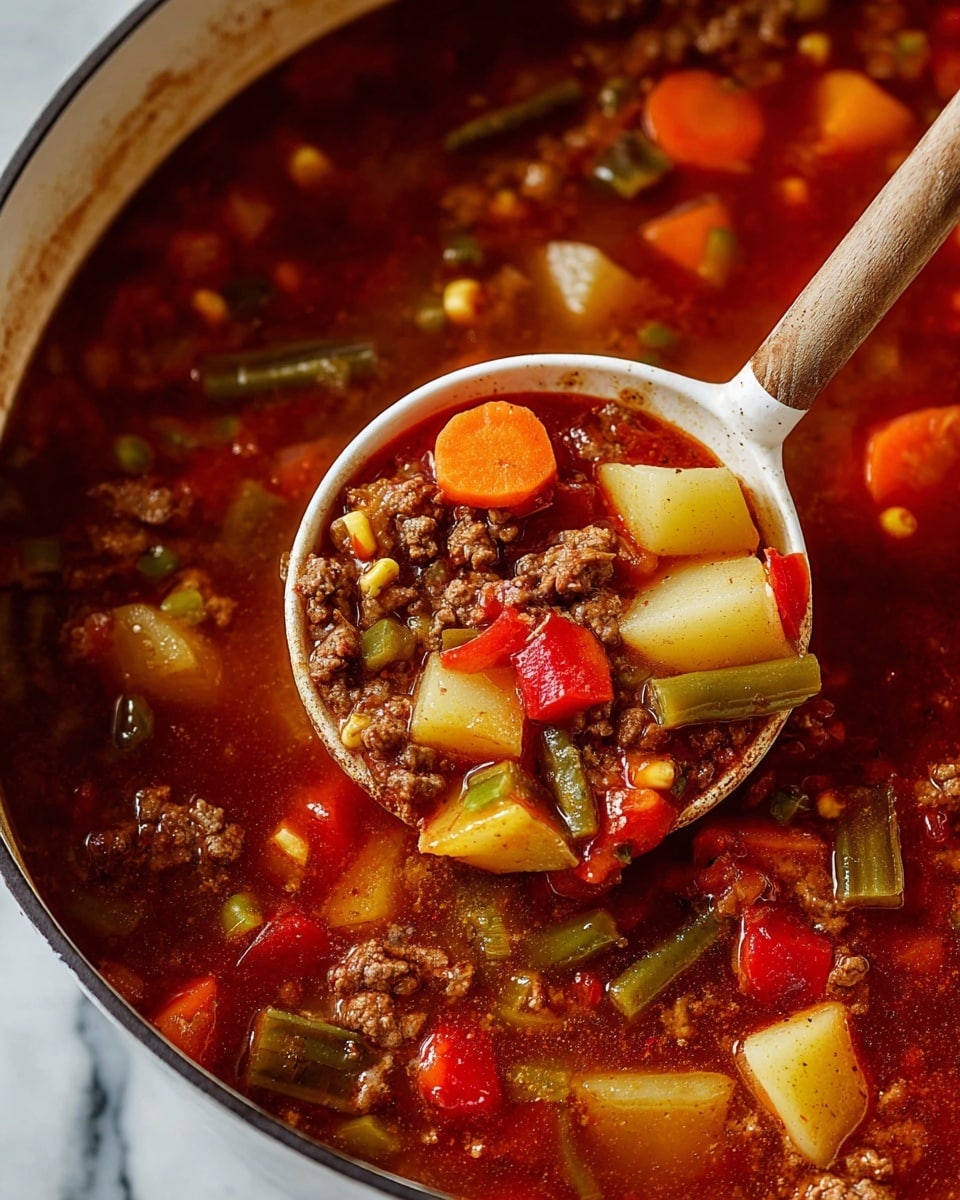 The image shows a close-up of a thick soup with many colorful layers inside a white pot. The soup has a dark red broth base that looks smooth but slightly oily. Floating in the broth are pieces of browned ground meat, bright orange carrot slices, pale yellow potato chunks, green celery slices, red bell pepper bits, green beans, and some small pieces of corn and onions. A white ladle with a wooden handle is scooping part of the soup, displaying a mix of all these ingredients with the rich red broth surrounding them. The textures range from soft cooked vegetables to tender meat crumbles, all combined in a hearty, rustic look. The background is a white marbled texture. photo taken with an iphone --ar 4:5 --v 7