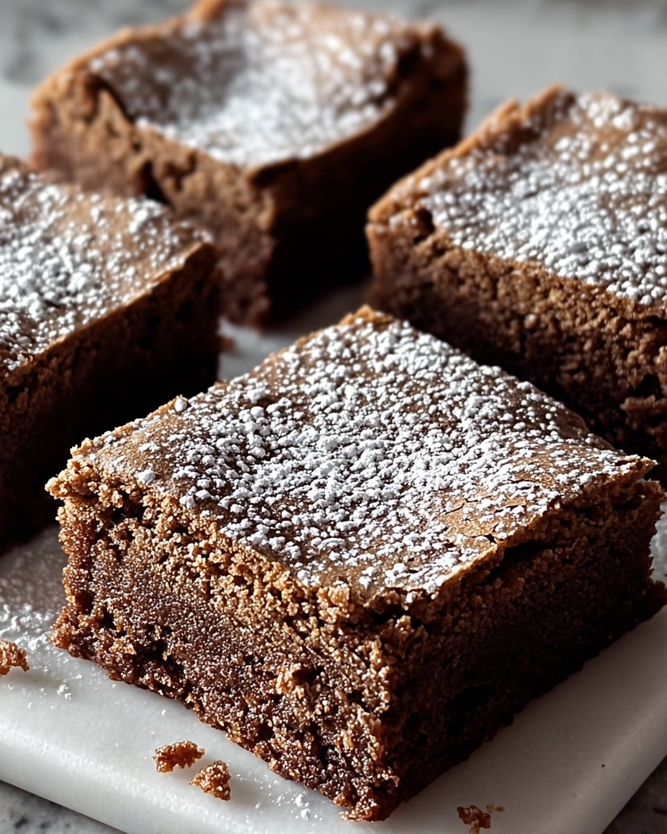 The image shows four square pieces of a brown cake with a slightly cracked and textured top layer dusted evenly with white powdered sugar. Each square is thick and moist-looking with a dense crumb texture visible on the sides. The cake squares are arranged close to each other on a white marbled surface with some crumbs scattered around. The lighting highlights the rough surface details of the cake and the fine sugar dusting on top. photo taken with an iphone --ar 4:5 --v 7