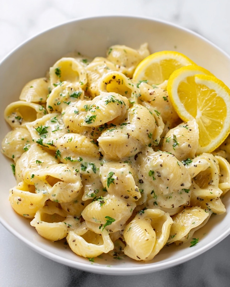 A close-up view of a white bowl filled with small shell pasta covered in a creamy, light beige sauce speckled with green herbs. The pasta is fully coated, with some shells showing hollow centers and others piled on top, creating a textured, slightly glossy appearance. The bowl sits on a white marbled surface with a soft white cloth partially visible on the side. The overall look is warm and inviting, with the sauce smoothly enveloping each pasta piece. photo taken with an iphone --ar 4:5 --v 7