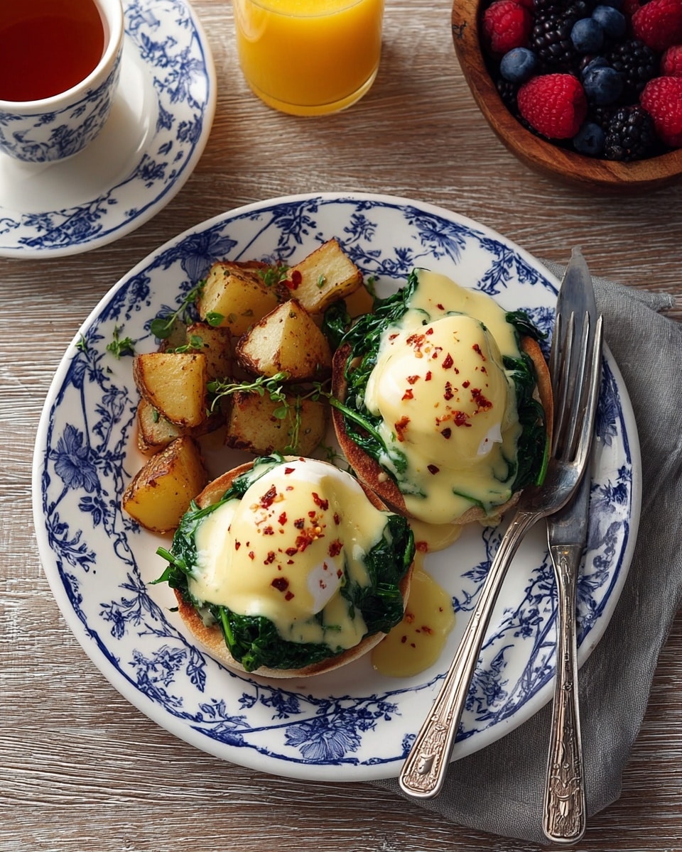A white plate with blue floral patterns holds two eggs Benedict, each layered with a toasted English muffin at the bottom, topped with bright green cooked spinach, smooth, light yellow hollandaise sauce sprinkled with red pepper flakes, and a poached egg beneath the sauce. Next to the eggs are golden-brown roasted potato chunks with herbs, showing a slightly crispy texture. A silver fork rests on the left side of the plate, and a silver knife is beside a folded gray napkin on the right. The plate is placed on a wood-textured surface, with a cup of tea in a white cup and saucer to the top left, a glass of orange juice to the top center, and a small wooden bowl of mixed berries to the top right. photo taken with an iphone --ar 4:5 --v 7