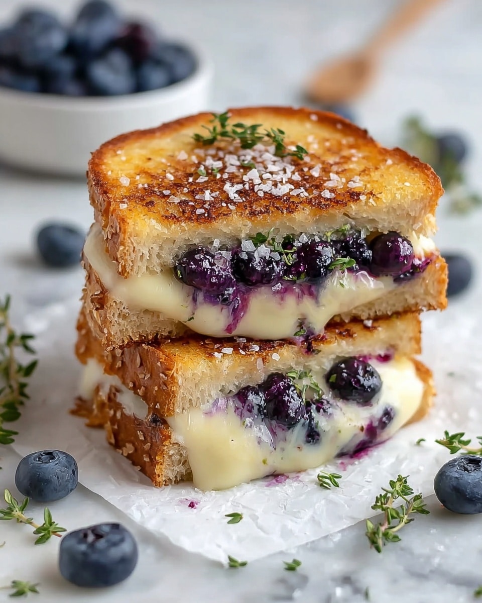 A grilled sandwich cut in half and stacked, showing two layers of toasted golden-brown bread with a slightly crispy texture edged with salt flakes. Between the bread layers, there is melted creamy light-yellow cheese and whole dark blue blueberries, giving a contrast in color and texture. The sandwich is garnished with small green thyme sprigs on top and around, sitting on lightly crumpled white parchment on a wooden surface, with scattered fresh blueberries and thyme sprigs around it. A small wooden bowl filled with blueberries is blurred in the background on a white marbled texture surface. photo taken with an iphone --ar 4:5 --v 7