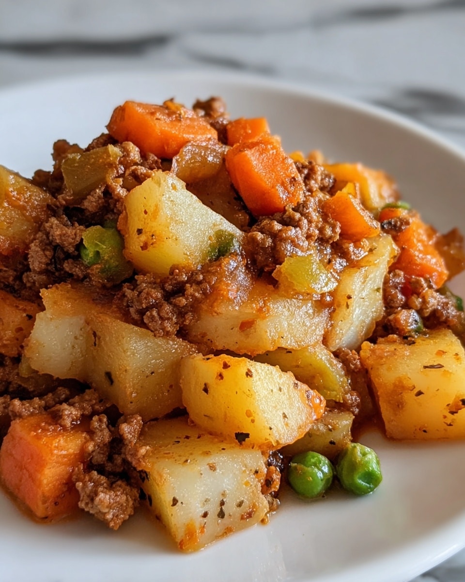 The dish is a close-up view of a mixed stew on a white plate, showing about three layers of ingredients. The bottom layer has soft, chunky pieces of white and light yellow potatoes, some seasoned with black specks. The middle layer contains bright orange carrot chunks and a few vibrant green peas scattered lightly. The top layer is browned ground meat, mixed evenly with the potatoes and vegetables, giving the whole dish a moist and shiiny texture. The background is a white marbled surface, and the photo focuses tightly on the food to show its texture and colors. photo taken with an iphone --ar 4:5 --v 7