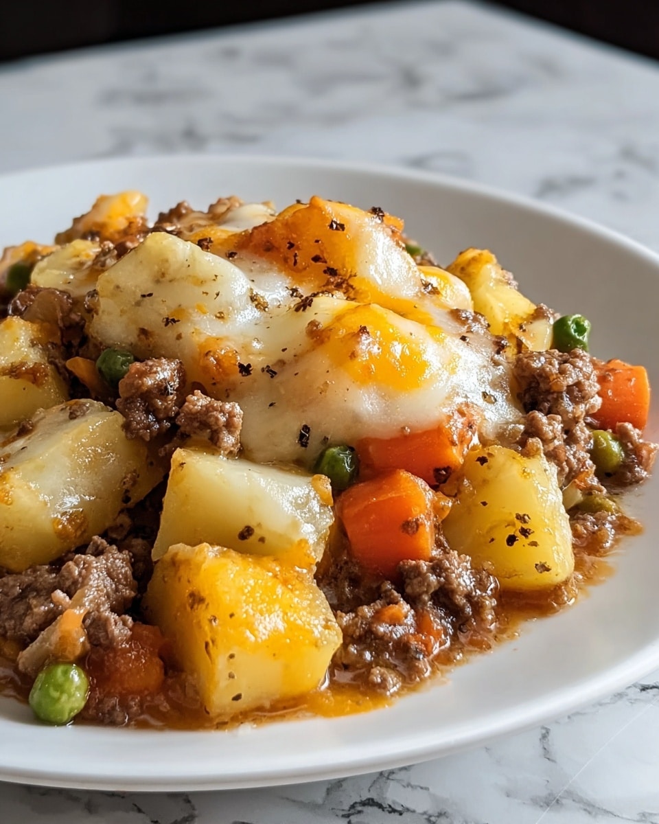 A close-up of a dish on a white plate, showing a mix of cooked ground beef, soft yellow potato chunks, orange carrot pieces, and small green peas, all coated in a brown sauce. The top layer is melted cheese with a mix of white and orange colors, bubbling slightly and speckled with black pepper. The textures vary from the smooth, melted cheese to the chunky, soft vegetables and crumbled meat. The dish sits on a white marbled surface. photo taken with an iphone --ar 4:5 --v 7