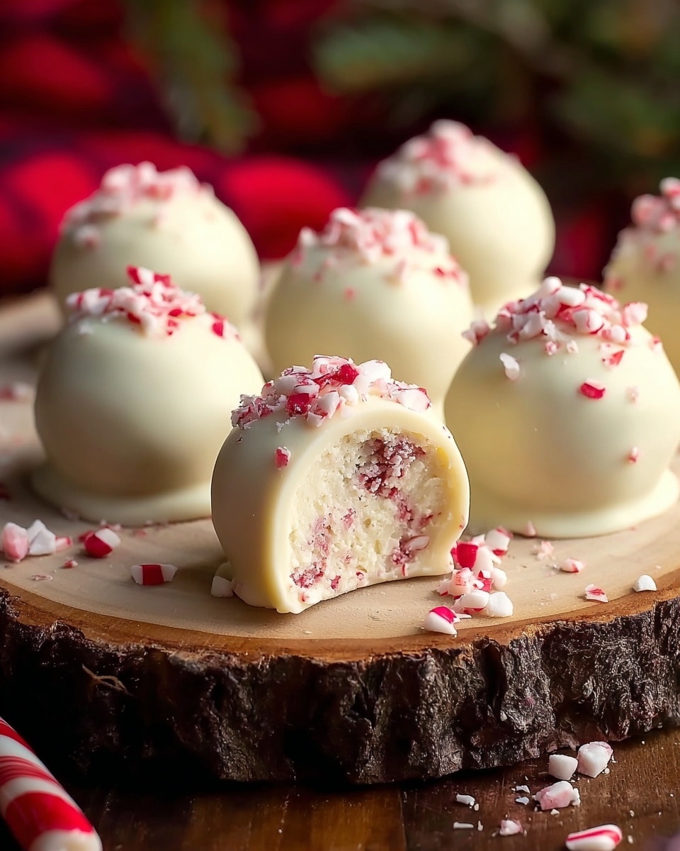 Seven white chocolate truffles are placed on a rustic wooden slice with bark around the edge. Each truffle is smooth and round, coated fully in white chocolate, and topped with small pieces of crushed red and white peppermint candy. One truffle in the front is bitten into, revealing an inner layer of creamy white with bits of red peppermint mixed inside. There are small candy crumbs scattered on the wooden surface around the truffles. The background is softly blurred with warm red and green tones. photo taken with an iphone --ar 4:5 --v 7