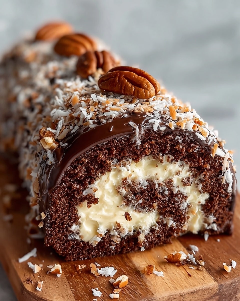 A close-up of a chocolate roll cake with three main layers visible: the outer dark brown chocolate sponge layer with a moist texture, the middle creamy off-white filling swirled inside, and the top covered with shiny dark chocolate glaze. The cake is sprinkled with shredded toasted coconut flakes around the outside edges. On top, there are several whole glossy brown pecans and tiny bits of chopped nuts scattered. The cake rests on a wooden surface against a white marbled texture background. Photo taken with an iphone --ar 4:5 --v 7