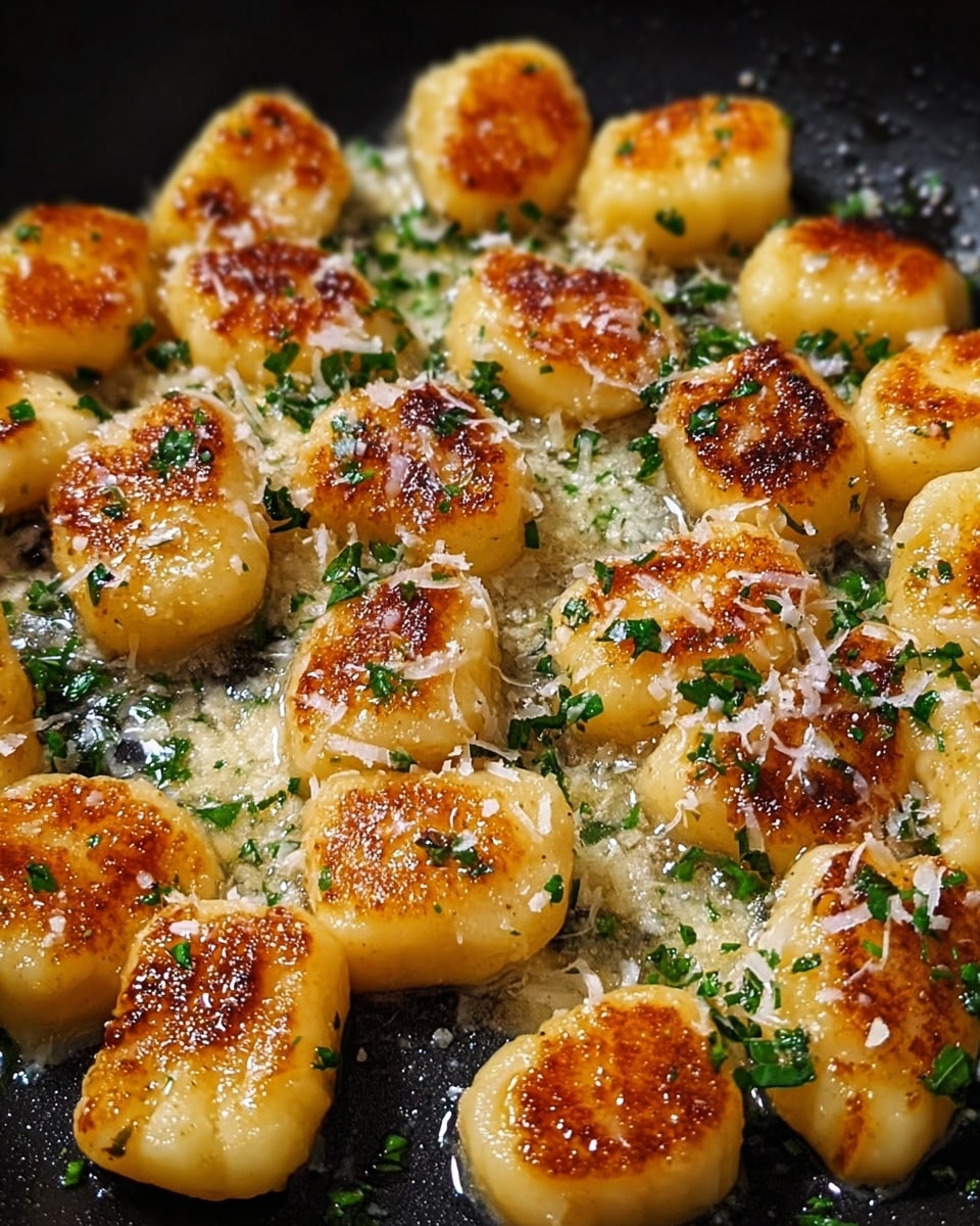 A close-up image of golden-brown gnocchi in a black pan, with each piece showing a crispy, caramelized surface and soft texture inside. The gnocchi are arranged closely, sprinkled evenly with finely grated white cheese and small bits of fresh green herbs. The pan's shiny, buttery oil coating adds a glistening effect, highlighting the contrast between the browned edges and the pale, pillowy centers of the gnocchi. The background is a white marbled texture. photo taken with an iphone --ar 4:5 --v 7