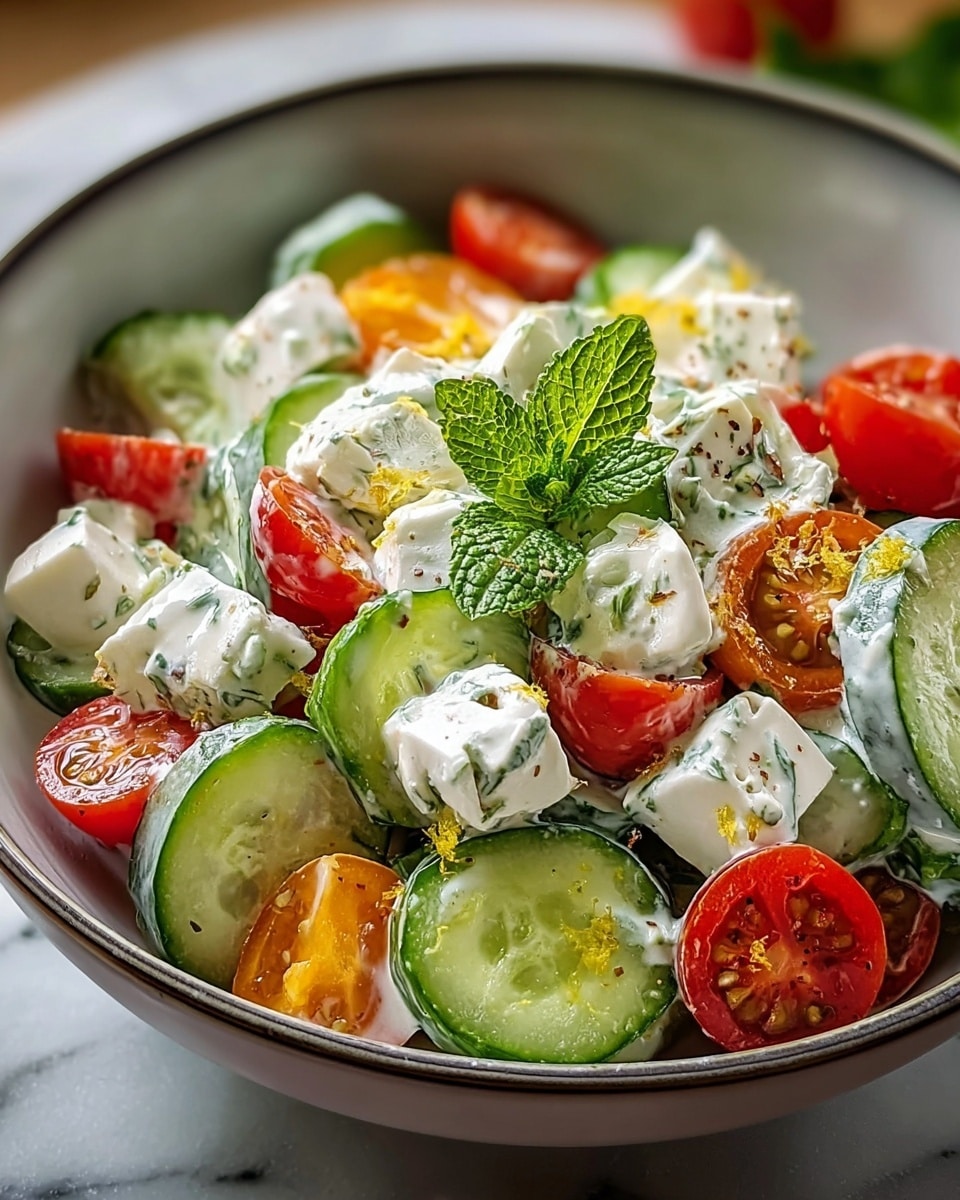 A fresh salad served in a white bowl with a gray rim, layered with thin, round green cucumber slices at the bottom, bright red halved cherry tomatoes scattered throughout, topped with chunky white cheese pieces coated in a creamy white herb dressing with visible green herbs, sprinkled with some small yellowish cheese flakes and black pepper, garnished with a small fresh green mint leaf in the center, all placed on a white marbled texture surface. photo taken with an iphone --ar 4:5 --v 7