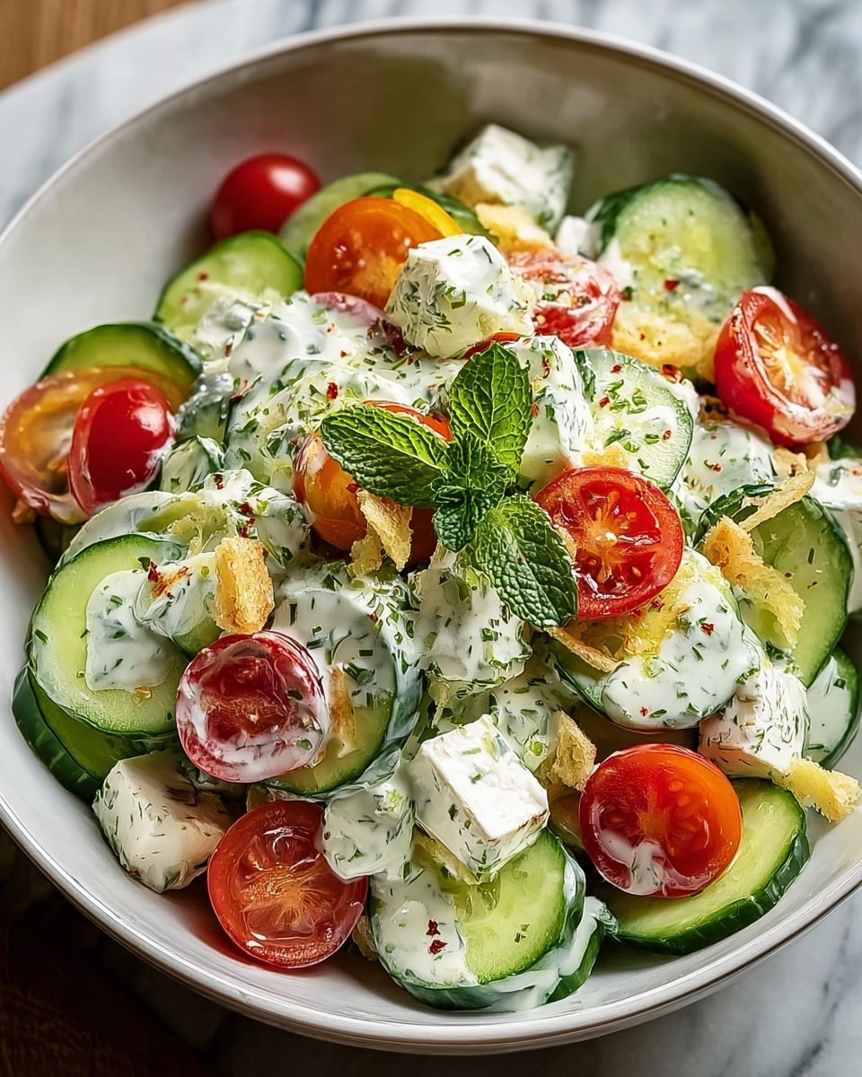 A fresh salad is in a white bowl on a white marbled surface. The bottom layer is thin, bright green cucumber slices. On top are halved red cherry tomatoes and small white cheese cubes speckled with green herbs. The salad is covered with a creamy white dressing mixed with small green bits. Thin light yellow cheese shavings are sprinkled over it, along with a few crispy golden brown pieces. A small sprig of fresh green mint sits in the center as garnish. photo taken with an iphone --ar 4:5 --v 7