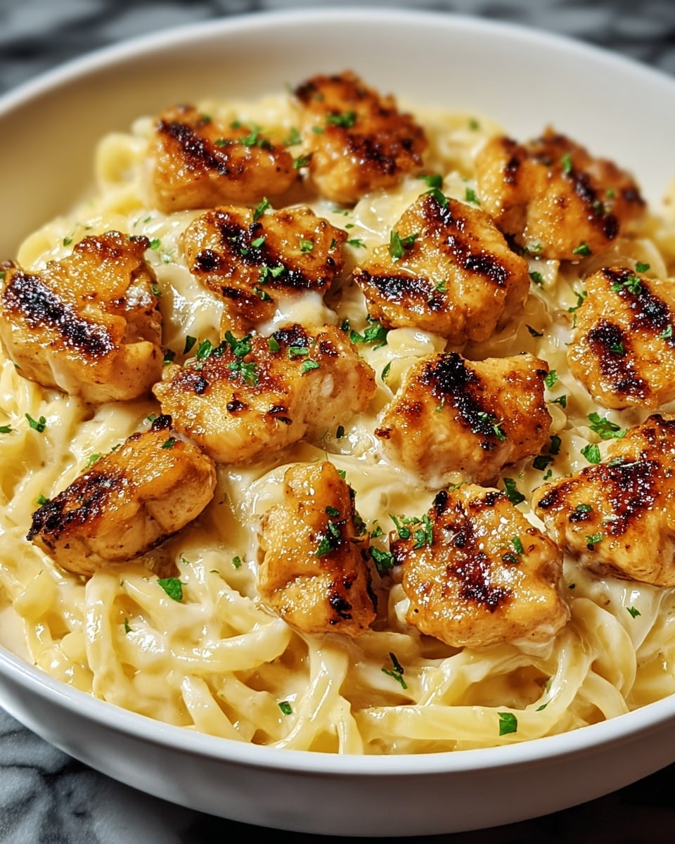 A close-up view of a dish in a white bowl shows a creamy layer of light yellow pasta noodles at the bottom, coated in a smooth sauce. On top, there are golden-brown grilled chicken pieces evenly spread, each piece showing a slightly crispy, caramelized texture with small black char marks. Small green herb bits are sprinkled over the dish, adding a fresh touch of color contrast. The bowl rests on a white marbled surface. Photo taken with an iphone --ar 4:5 --v 7