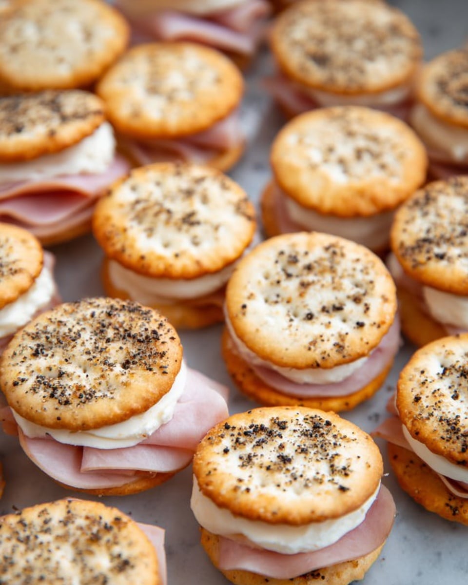 The image shows many small sandwich bites arranged close together. Each sandwich is made of three layers: a top and bottom round cracker with a golden-brown color sprinkled with black pepper, and in the middle, there is thin pink ham and a white creamy spread that looks soft and smooth. The sandwiches are placed on a white marbled surface but are mostly filling the frame, showing the texture and slight shine of the crackers and the soft filling inside. Photo taken with an iphone --ar 4:5 --v 7