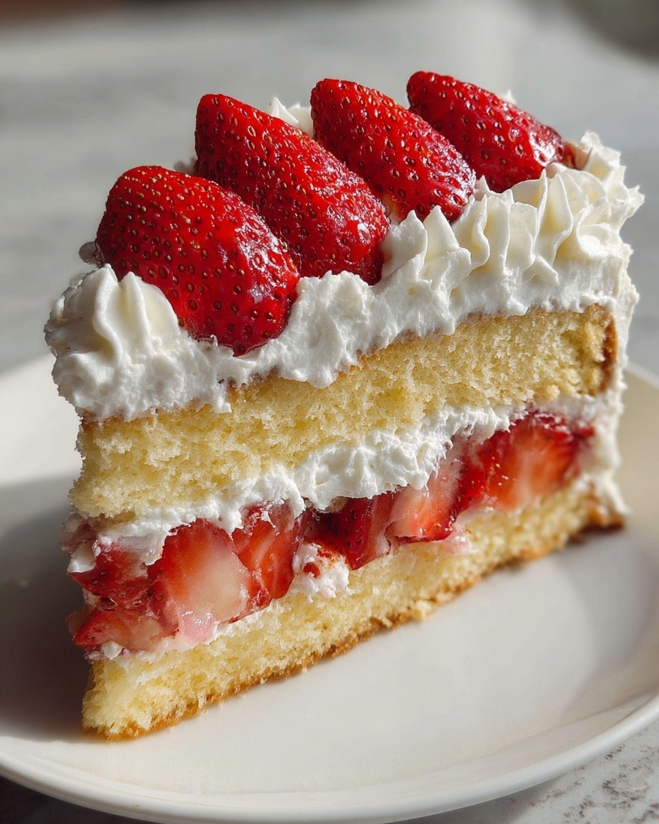 A close-up photo of a slice of strawberry shortcake on a white plate with a white marbled texture beneath. The cake has three parts: the bottom layer is light golden sponge cake with a soft and fluffy texture, the middle layer holds fresh sliced strawberries and a thick spread of white whipped cream, and the top layer is another piece of golden sponge cake covered with more white whipped cream piped decoratively around the edges. On top, there is a row of whole sliced strawberries as a bright red and shiny garnish. photo taken with an iphone --ar 4:5 --v 7