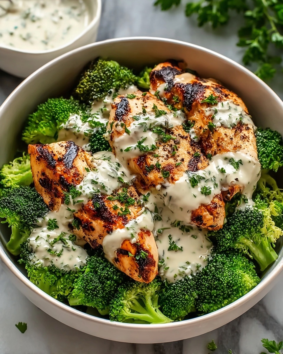 The image shows a white bowl filled with bright green steamed broccoli florets forming the base layer. On top, there are three pieces of grilled chicken breast with grill marks and charred spots, giving a rich golden-brown and slightly blackened texture. A creamy white sauce with green herb specks is drizzled generously over the chicken pieces, with more green chopped herbs sprinkled on top for garnish. The bowl sits on a white marbled surface, with a blurred background that includes some green leaves and a small white bowl of additional sauce. Photo taken with an iphone --ar 4:5 --v 7