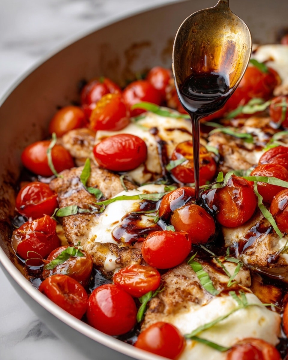 The image shows a close-up of a white pan filled with cooked chicken pieces, topped with slices of melted white cheese. On top of the cheese and chicken are whole and halved bright red cherry tomatoes, lightly cooked and glistening. A dark brown balsamic sauce is being poured from a spoon over the tomatoes and cheese, adding a glossy texture. Thin green basil strips are sprinkled over the dish. The background has a white marbled texture. photo taken with an iphone --ar 4:5 --v 7