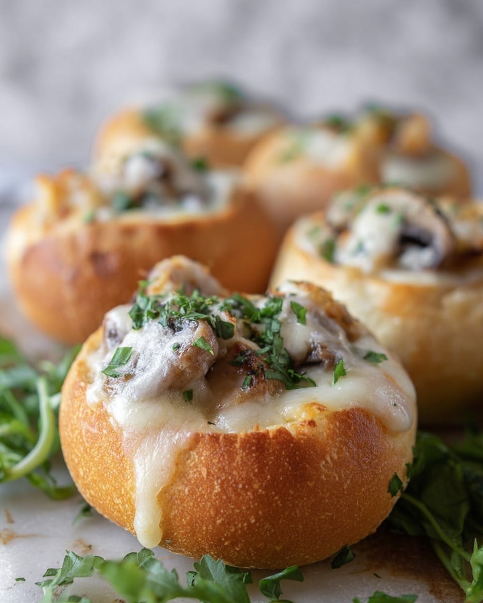 The image shows a close-up of mini bread bowls filled with a creamy white cheese sauce melted over a mix of mushrooms and seafood, topped with chopped fresh green herbs. Each bread bowl is golden brown with a soft texture inside and is arranged on a bed of fresh green leaves, all set against a white marbled background. The focus is on the front bread bowl with the others softly blurred behind it. photo taken with an iphone --ar 4:5 --v 7