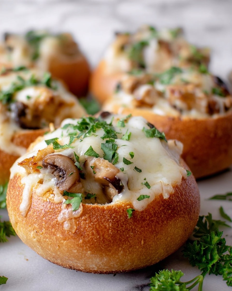 The image shows close-up views of small round bread bowls filled with melted white cheese on top. Beneath the cheese layer, there are pieces of brown mushrooms and light-colored chunks that look like cooked chicken or veggies. The bread bowls have a golden-brown crust and are placed on a surface with bright green herbs scattered around. Small bits of chopped green parsley are sprinkled over the melted cheese, adding color contrast. The background and surface are a white marbled texture. Photo taken with an iphone --ar 4:5 --v 7