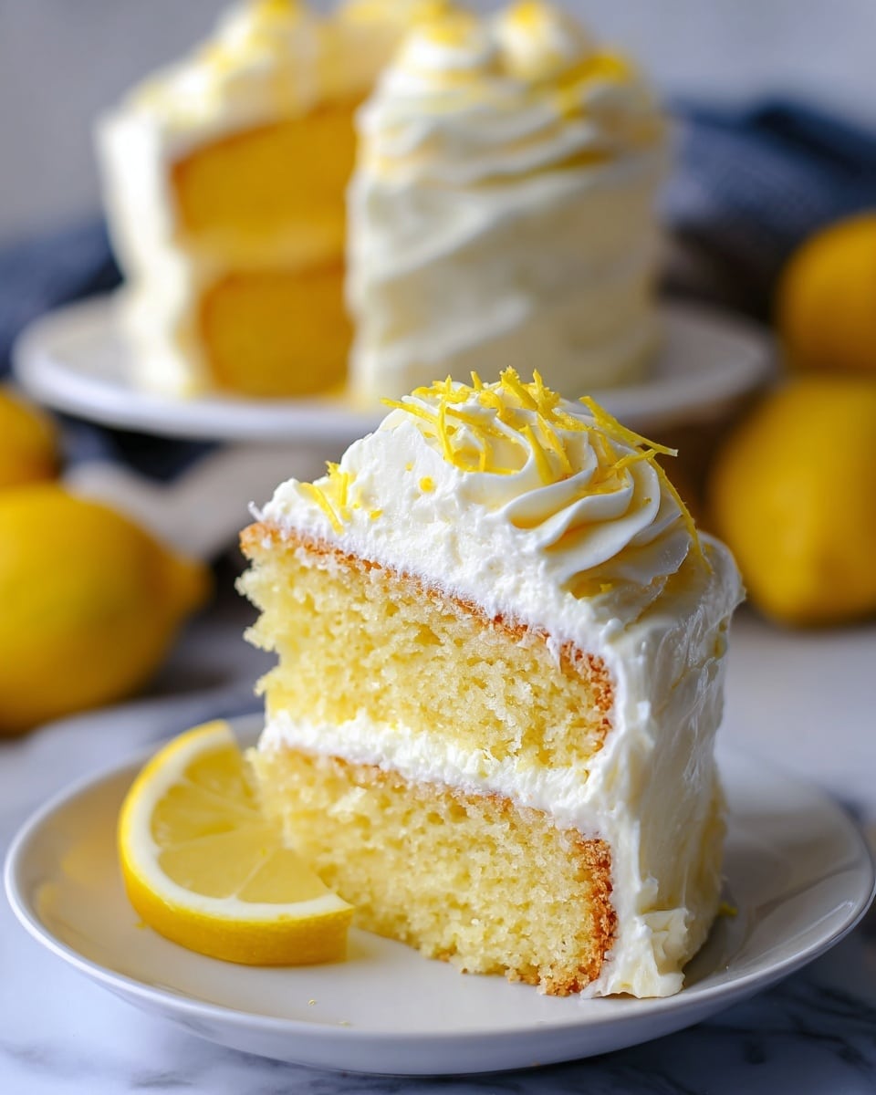 The image shows a slice of two-layer lemon cake on a white plate with a lemon wedge beside it. The cake layers are light yellow and spongy, separated by a thick layer of smooth white frosting. The top layer is covered with a generous amount of white whipped frosting swirled in a spiral pattern, sprinkled with thin strands of bright yellow lemon zest. In the background, there is a blurred whole cupcake with similar frosting and some whole lemons on a white marbled surface. Photo taken with an iphone --ar 4:5 --v 7