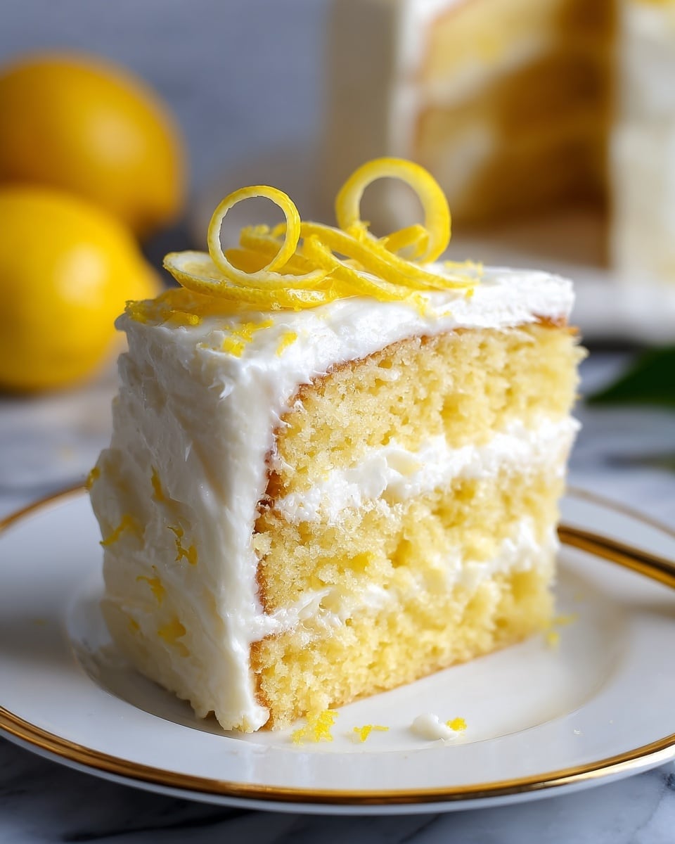 A close-up of a two-layer yellow cake slice on a white plate with a gold rim, showing a thick white frosting spread evenly on the top and between the layers, with small bits of lemon zest embedded in the frosting. The cake looks moist with a soft crumb texture, and the top is decorated with thin bright yellow lemon slices curled stylishly. In the background, there are blurred whole lemons and another piece of cake. The scene is set on a white marbled surface. photo taken with an iphone --ar 4:5 --v 7