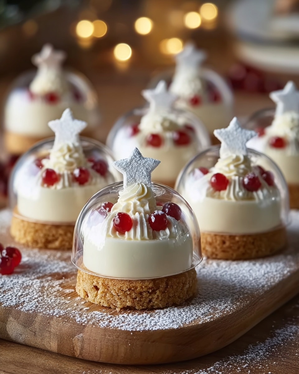 The image shows six small round desserts, each with two layers: a crumbly golden brown base and a smooth creamy white top layer. On each dessert, there is a swirl of white cream decorated with small shiny red balls and a white star-shaped topper dusted with powdered sugar. Each dessert is covered with a clear, dome-shaped lid that adds a glossy effect. The desserts are arranged on a wooden board dusted with powdered sugar, with a soft and warm light in the background that hints at a festive setting. photo taken with an iphone --ar 4:5 --v 7