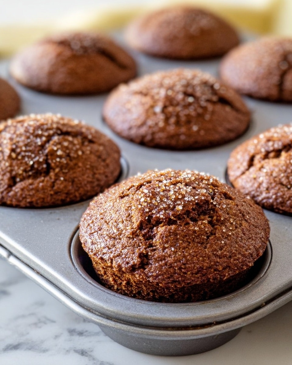 The image shows seven round muffins baked in a metal muffin tray, each muffin with a rich brown color and a cracked, textured top sprinkled with coarse sugar crystals. The muffins have a slightly domed shape and look moist and dense. The close-up foreground muffin is sharply focused, revealing its rough surface and sugar granules that glisten. The background muffins are softly blurred, giving depth to the image. The tray rests on a white marbled surface. photo taken with an iphone --ar 4:5 --v 7