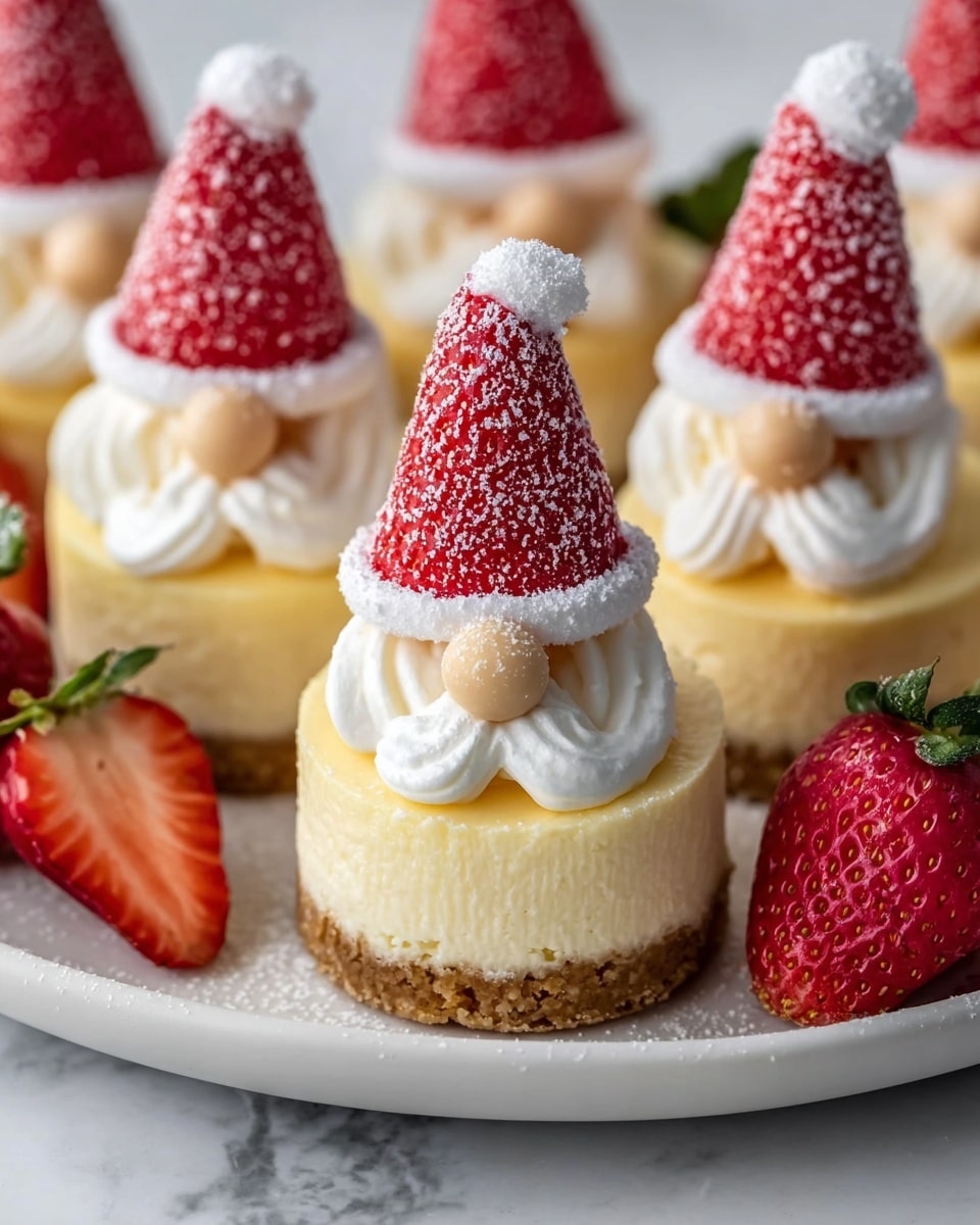The image shows small round cheesecakes with three visible layers: a light brown crumbly base, a thick creamy pale yellow cheesecake middle, and a white piped whipped cream layer on top shaped like a beard. Each cheesecake is topped with a red strawberry hat cut into a cone shape, dusted with white powdered sugar, and a small beige round candy placed below the strawberry to look like a nose. The cheesecakes are arranged on a white plate with a few whole red strawberries on the side, all set on a surface with a white marbled texture. photo taken with an iphone --ar 4:5 --v 7