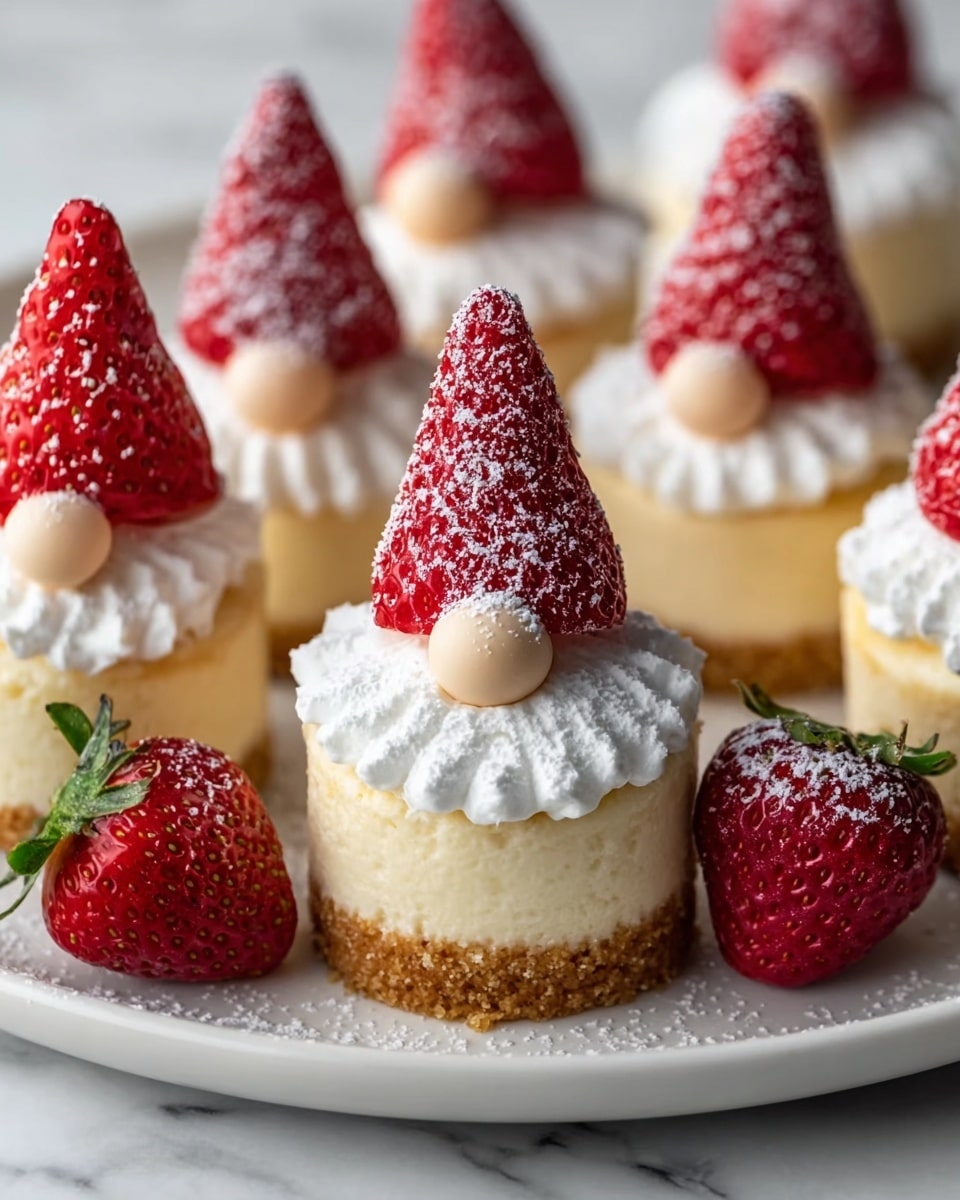 A white plate holds several small round cheesecakes with three visible layers: a golden-brown crumb crust at the bottom, a pale creamy middle cheesecake layer, and a white piped whipped cream layer on top. Each cheesecake is decorated to look like a gnome, with a large red strawberry shaped like a pointed hat, dusted lightly with powdered sugar. Below the strawberry, there is a small round beige candy or cream ball acting as the nose, nestled into the white whipped cream that is textured like a beard. Two whole red strawberries, also dusted with powdered sugar, rest on the plate near the cheesecakes. The background is a white marbled surface. photo taken with an iphone --ar 4:5 --v 7