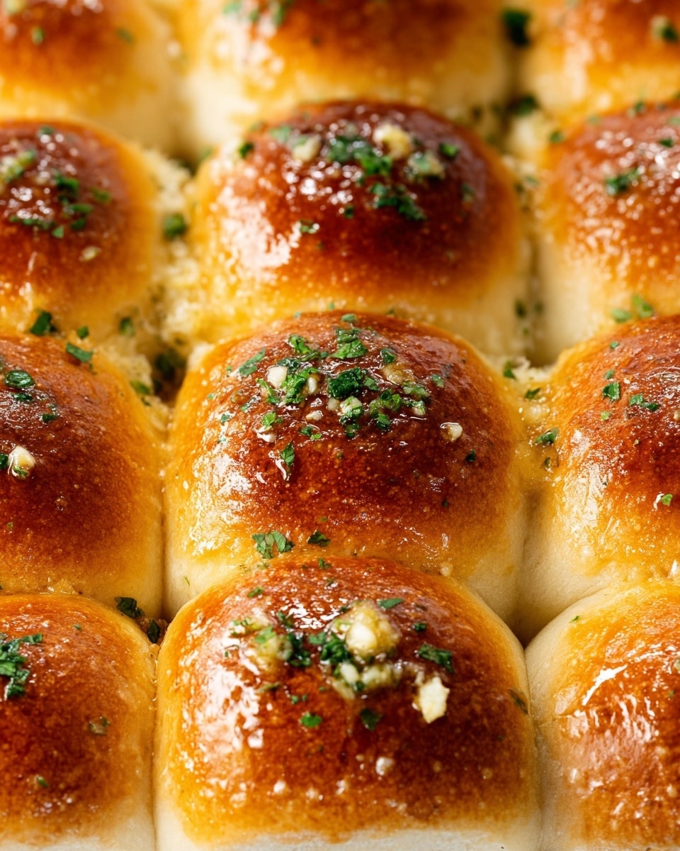 This close-up image shows a group of nine golden-brown dinner rolls arranged closely together in a 3x3 grid. Each roll has a shiny, slightly sticky top with a rich golden color that transitions to a lighter creamy color at the sides. The rolls are topped with small bits of chopped green parsley and tiny pieces of minced garlic scattered unevenly across the surface, adding texture and contrast. The rolls have a soft, fluffy appearance with smooth, shiny tops that look slightly glazed. The image is taken on a white marbled surface. photo taken with an iphone --ar 4:5 --v 7