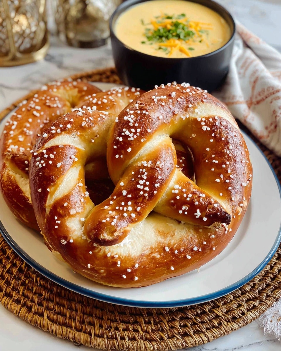 A close-up of two large pretzels placed on a white plate with a blue rim, each pretzel showing a golden-brown crust with dark toasted spots and sprinkled thickly with coarse white salt crystals. The pretzels have a twisted knot shape with smooth, shiny surfaces that show a soft texture inside. Behind the plate, there is a small black bowl filled with creamy yellow cheese sauce topped with shredded cheese and chopped green herbs, both placed on a round woven placemat over a white marbled surface. Photo taken with an iphone --ar 4:5 --v 7