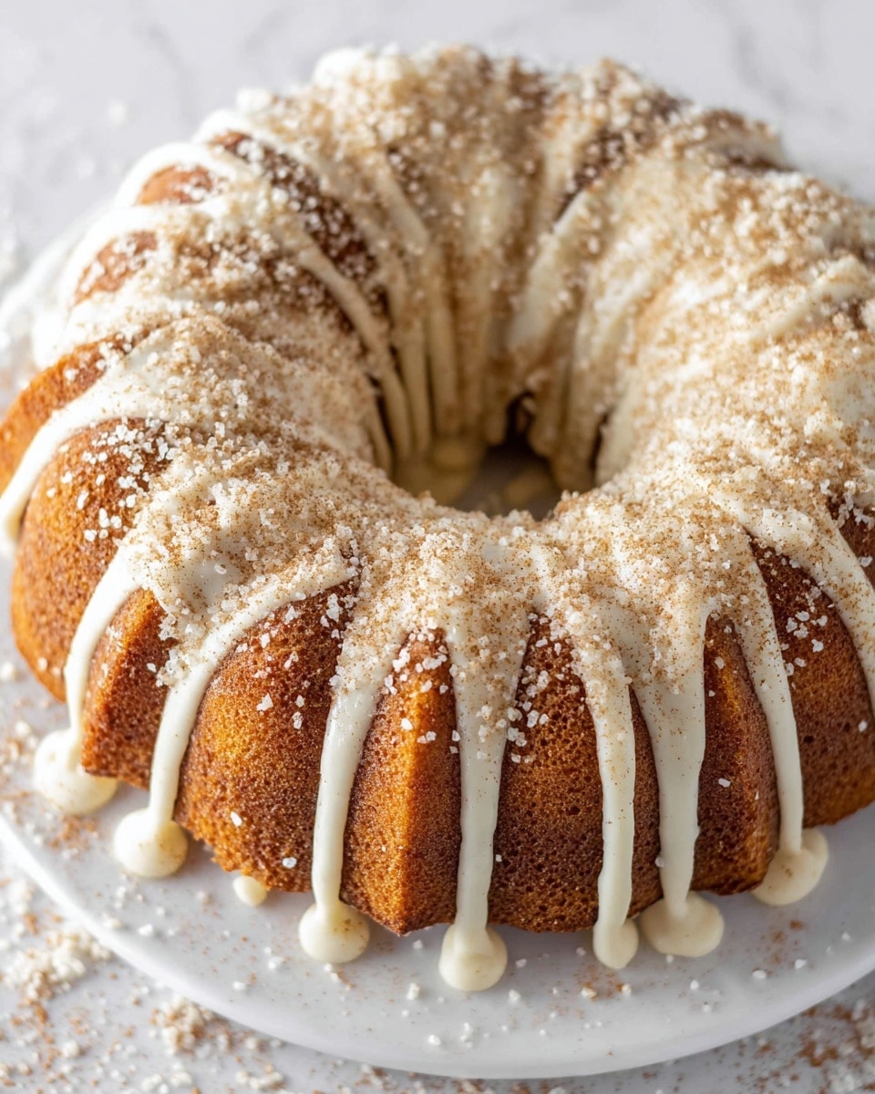A golden brown bundt cake with a smooth but slightly textured surface sits on a white plate, drizzled evenly with thick, creamy white icing that flows in parallel lines from the top edges towards the center hole. The cake is sprinkled generously with coarse sugar crystals and a light dusting of cinnamon powder, which adds a sparkling and slightly rough texture to the top. The white plate rests on a white marbled texture surface, with some sugar and cinnamon scattered around the base of the cake. photo taken with an iphone --ar 4:5 --v 7