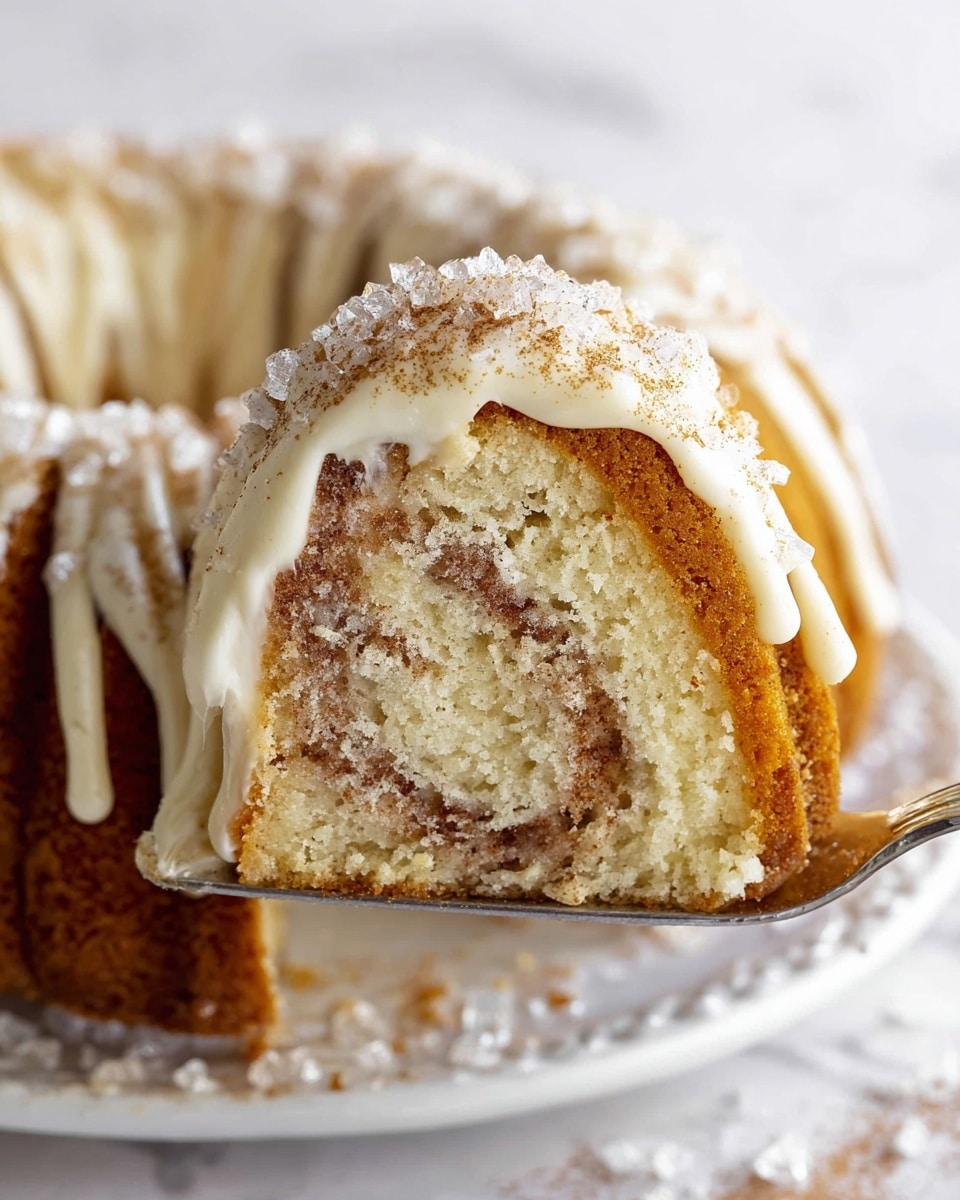 The image shows a close-up of a cinnamon swirl bundt cake slice on a white plate with a white marbled texture background. The cake has two main layers: the outer golden-brown crust and the light beige inner swirl with darker cinnamon spots forming a spiral. On top, there are about four thick lines of creamy white frosting with a smooth texture, sprinkled generously with large shiny sugar crystals and a light dusting of cinnamon powder. The slice is held by a silver cake server, lifting it slightly from the plate, with some sugar crystals scattered around. photo taken with an iphone --ar 4:5 --v 7