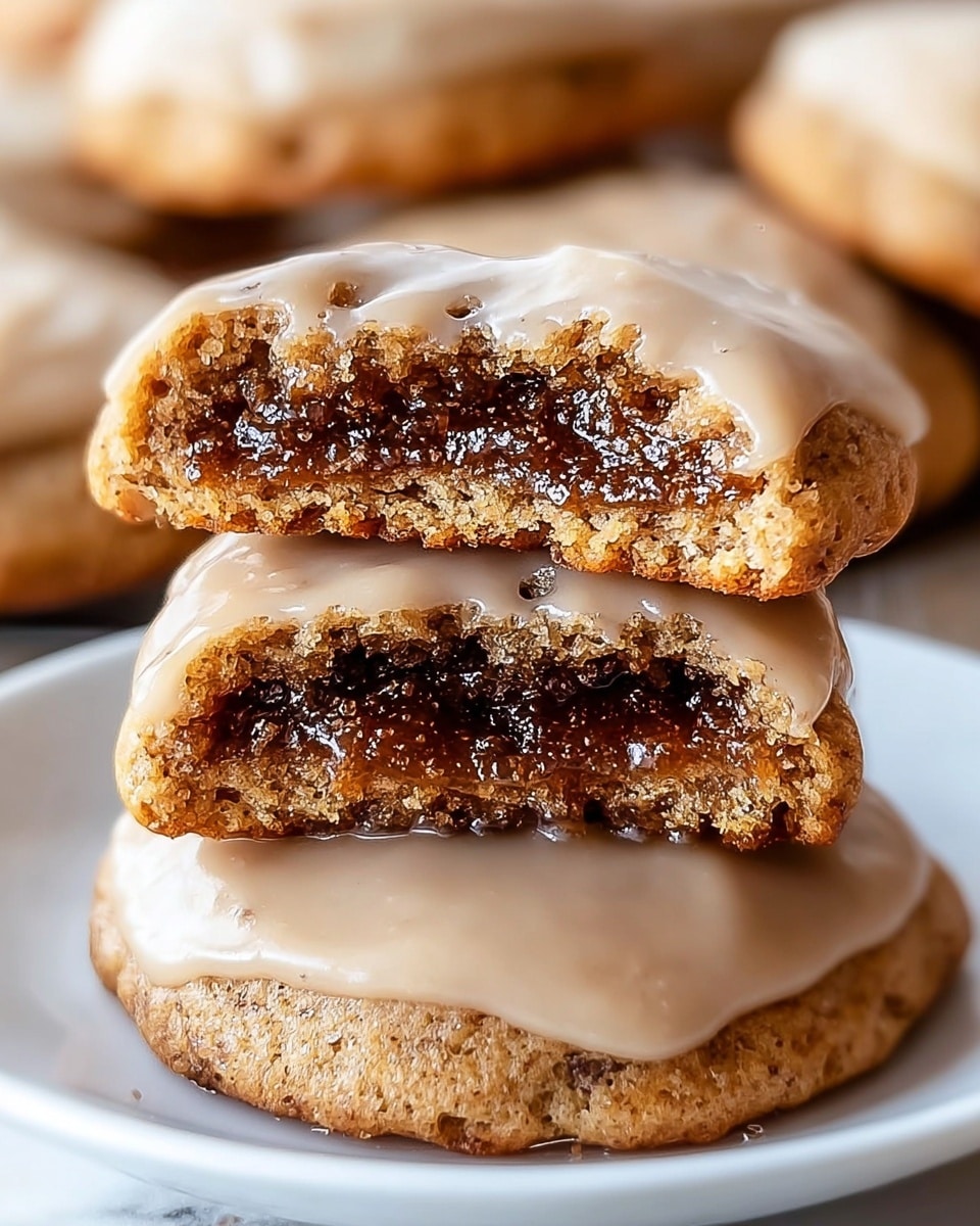 The image shows a close-up view of three stacked cookies on a white plate, placed on a white marbled surface. Each cookie has two layers: a light brown, slightly rough textured outside with a smooth, shiny light beige glaze on top. The top cookie is broken in half, showing a thick, dark brown, sticky filling inside that looks chewy and rich. The glaze covers the entire surface of each cookie except the sides, making the cookies look moist and freshly made. The background is blurred with more cookies visible. Photo taken with an iphone --ar 4:5 --v 7