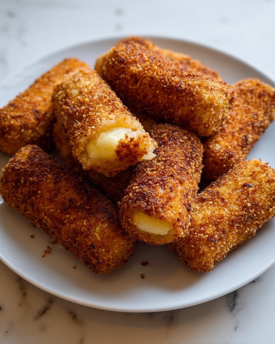 A white plate filled with several golden-brown crispy croquettes, each one covered in a crunchy, coarse breadcrumb layer. The croquettes are cylindrical, some showing a slight cracking on the surface where a creamy, light yellow filling peeks through. The plate rests on a white marbled surface, with soft natural light emphasizing the rich, warm tones and crunchy texture of the croquettes. photo taken with an iphone --ar 4:5 --v 7