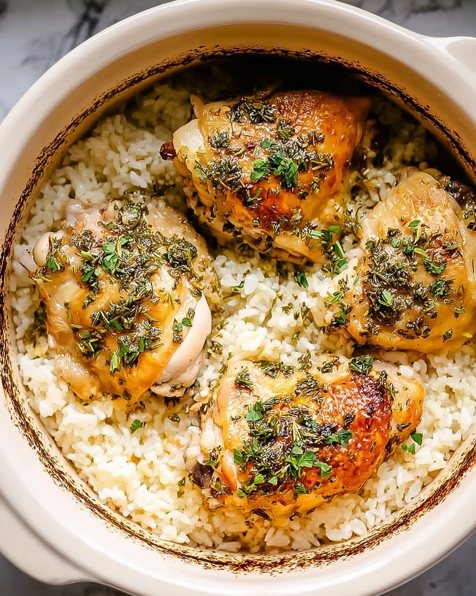 The image shows a white ceramic pot filled with a layer of cooked white rice at the bottom, which looks soft and slightly moist. On top of the rice are three pieces of baked chicken thighs with golden-brown skin that has a slightly crispy texture. The chicken is sprinkled with fresh green herbs, adding a pop of color and freshness. The pot's inside edge has some darker baked marks giving a rustic feel, and the entire dish sits on a white marbled surface. photo taken with an iphone --ar 4:5 --v 7