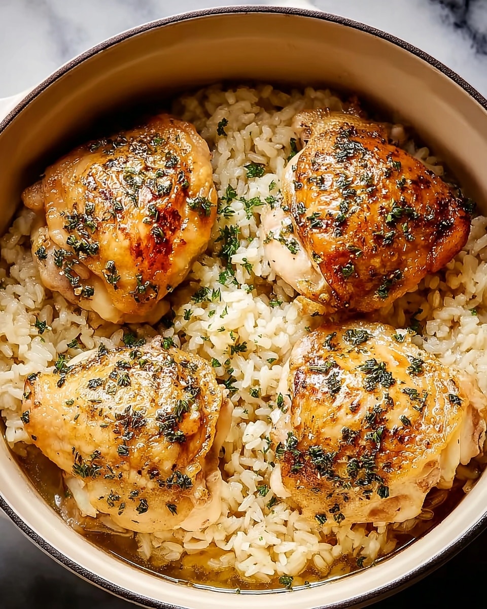 The image shows a white round pot filled with cooked rice at the bottom as the first layer, light beige and fluffy with steam rising, topped with three large pieces of golden-brown roasted chicken thighs, each with a slightly crispy skin textured with small browned spots and garnished with green herbs scattered across the surface, arranged evenly over the rice. The pot rests on a white marbled texture. Photo taken with an iphone --ar 4:5 --v 7