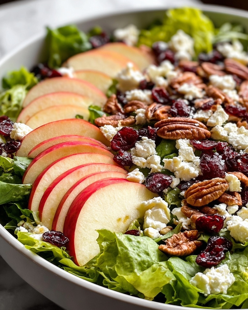 A close-up view of a fresh salad in a white bowl, showing three main layers: the bottom layer is vibrant green lettuce leaves with a soft texture, the middle layer consists of thin red apple slices with a smooth surface arranged on top of the lettuce, and the top layer is a mix of light brown pecan halves, dark red dried cranberries, crumbly white feta cheese, and small chopped nut pieces scattered evenly across the salad. The white marbled surface beneath the bowl adds a clean, bright contrast to the colorful ingredients. photo taken with an iphone --ar 4:5 --v 7